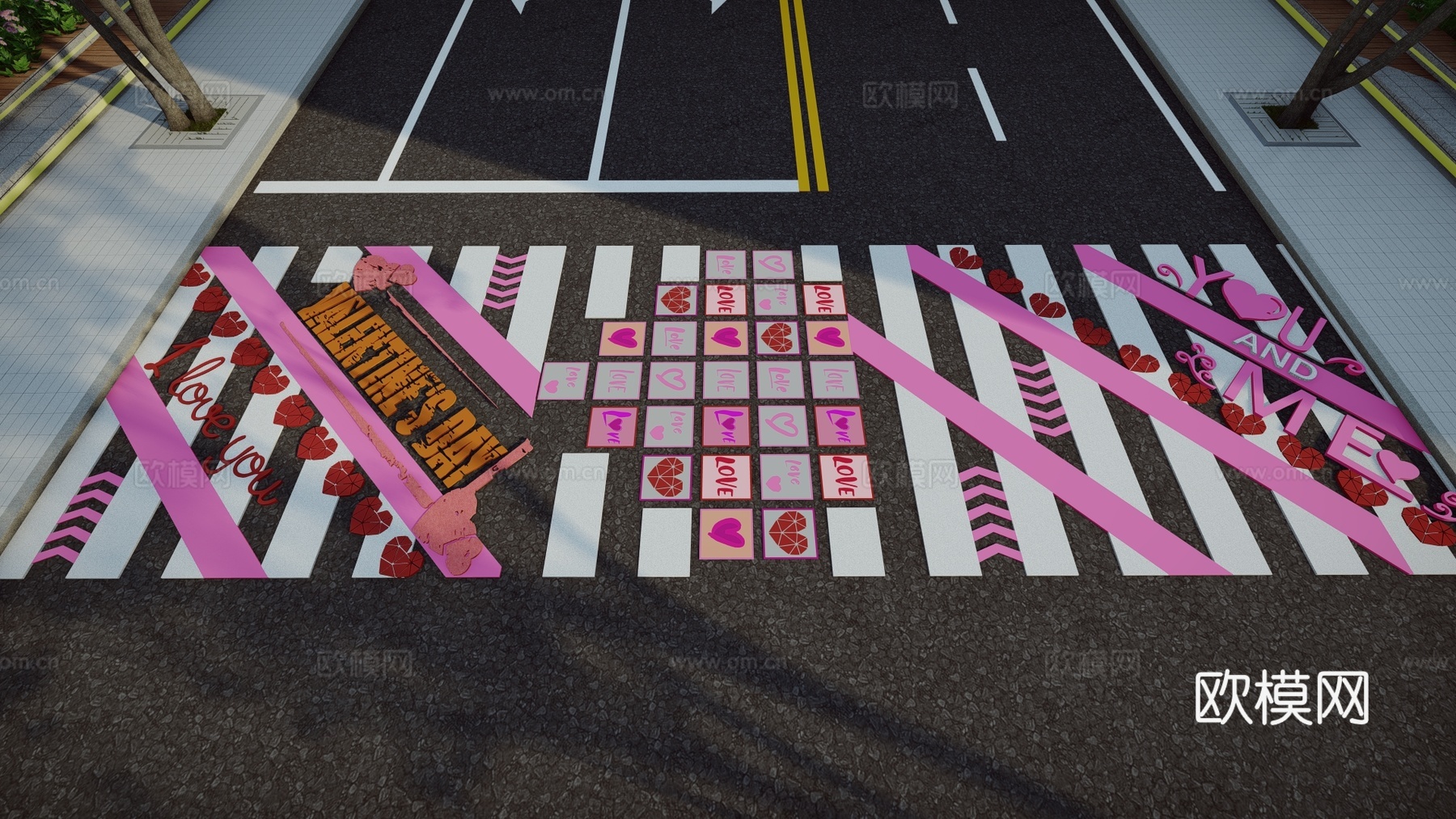 现代创意爱情艺术斑马线商业街道路地面彩绘涂鸦划线趣味铺装标线su模型