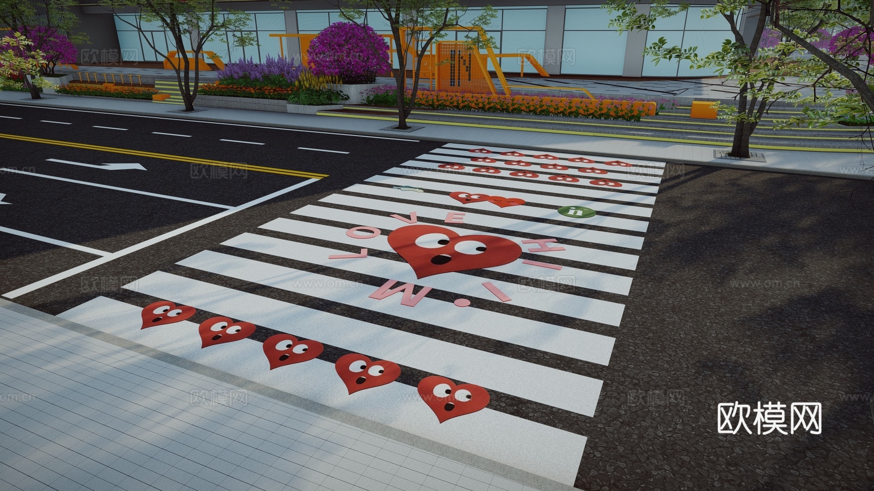 现代创意爱情艺术斑马线商业街道路地面彩绘涂鸦划线趣味铺装标线su模型