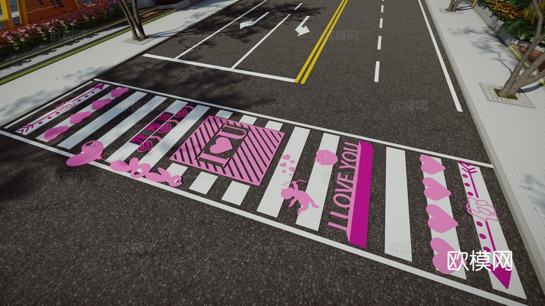 现代创意爱情艺术斑马线商业街道路地面彩绘涂鸦划线趣味铺装标线su模型