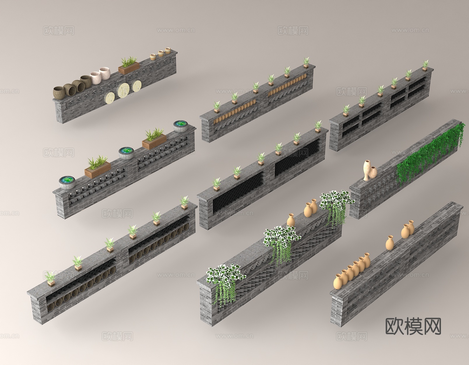 景观装饰小品 中式景观花槽 庭院绿植装饰 中式园林元素3d模型