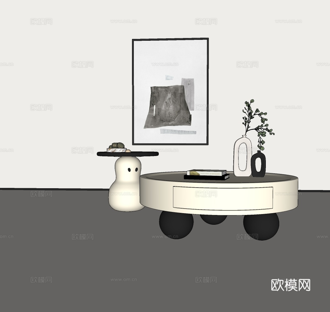 奶油风茶几组合  圆形茶几组合 意式茶几组合 极简茶几组合su模型