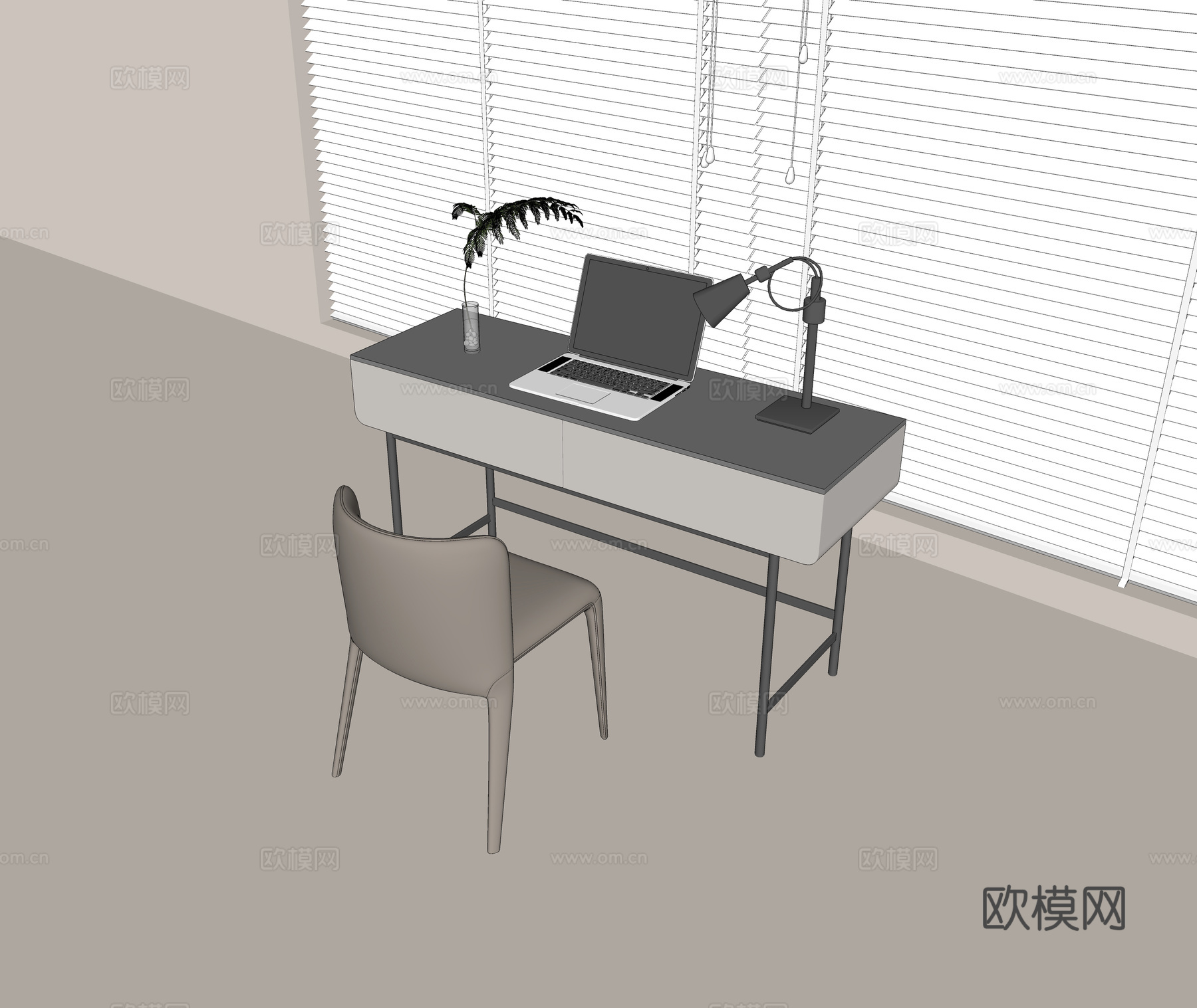 现代书桌椅组合 实木书桌 皮质单椅 笔记本电脑 金属台灯 花su模型