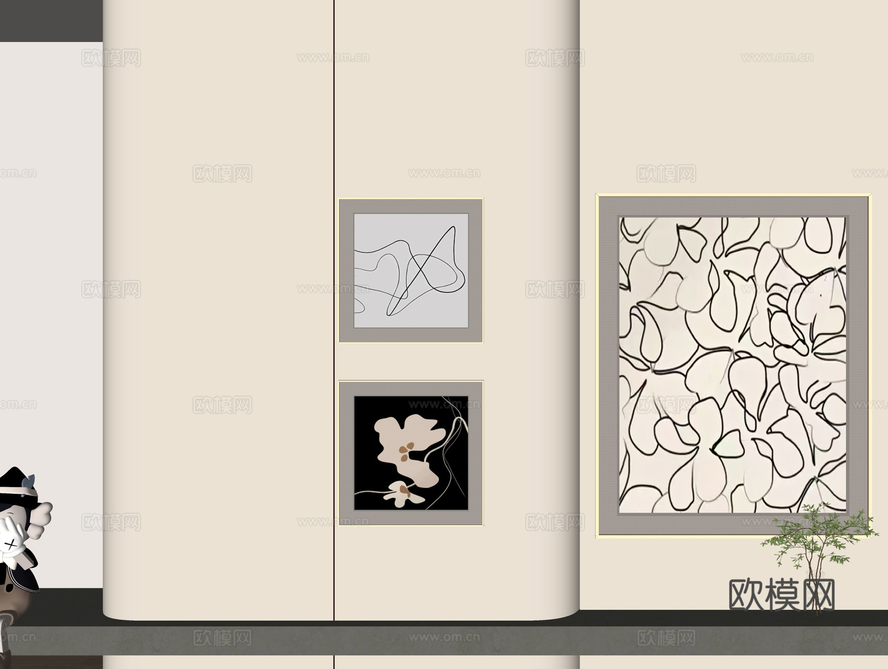 墙面装饰简约装饰画 黑白线条画 现代艺术挂画 抽象花卉画su模型下载（渲染图2）