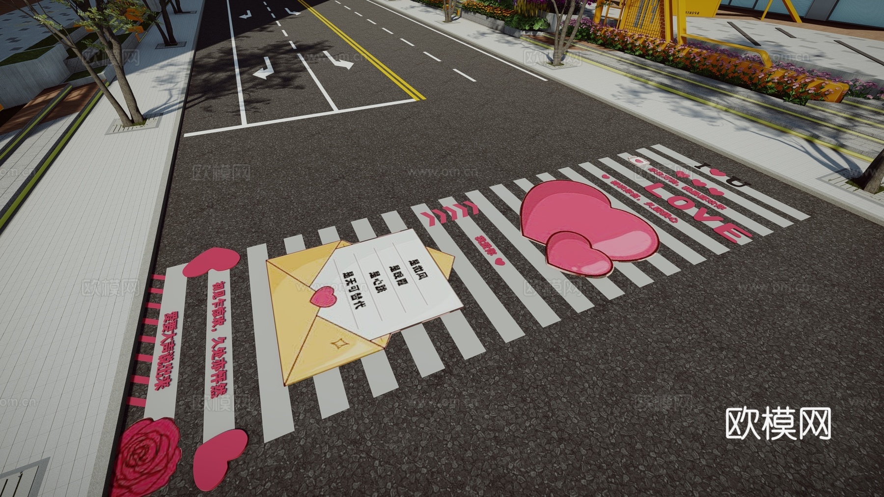 现代创意爱情艺术斑马线商业街道路地面彩绘涂鸦划线趣味铺装标线su模型
