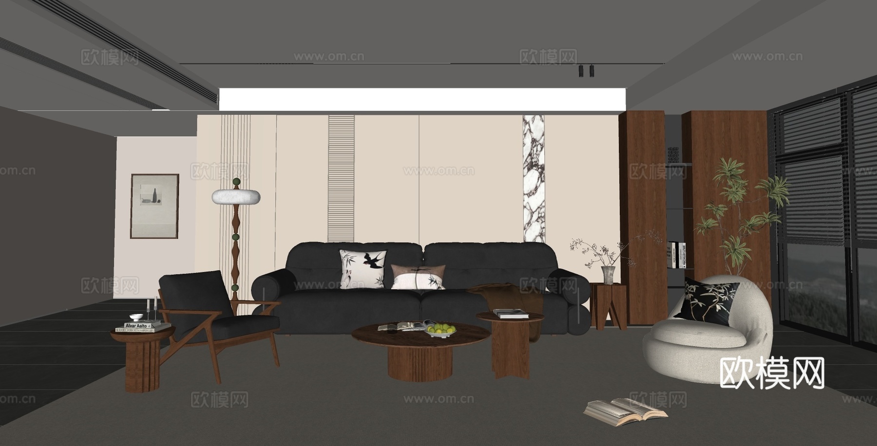 现代中古风客厅 沙发茶几组合 休闲椅 茶几 落地灯 客厅摆件su模型