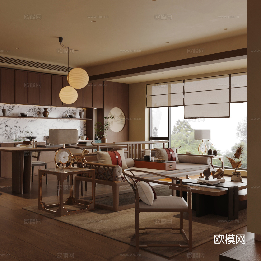 新中式禅意家居客厅 宋式美学客厅 中式客厅 沙发茶几组合3d模型