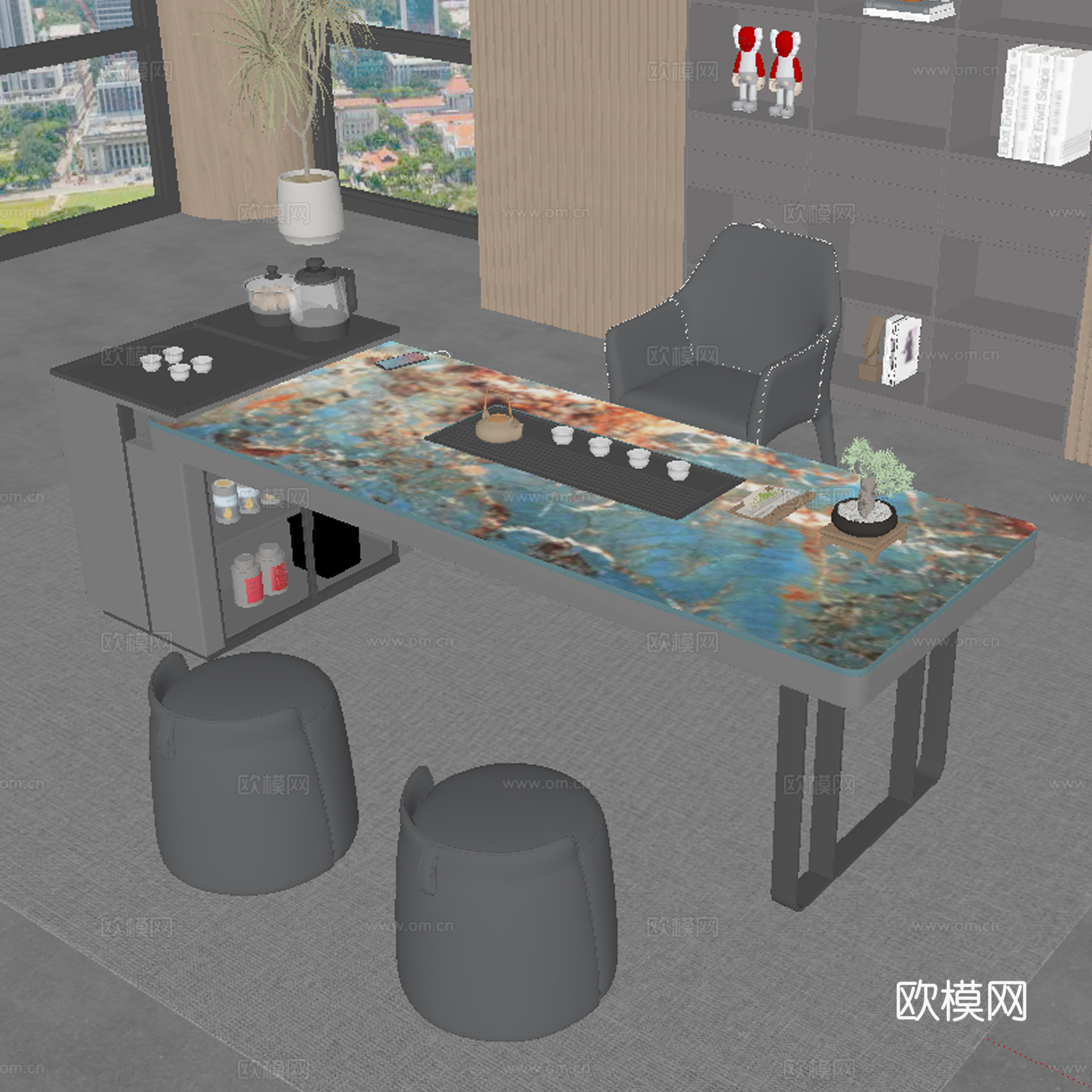 现代茶室 茶桌椅su模型