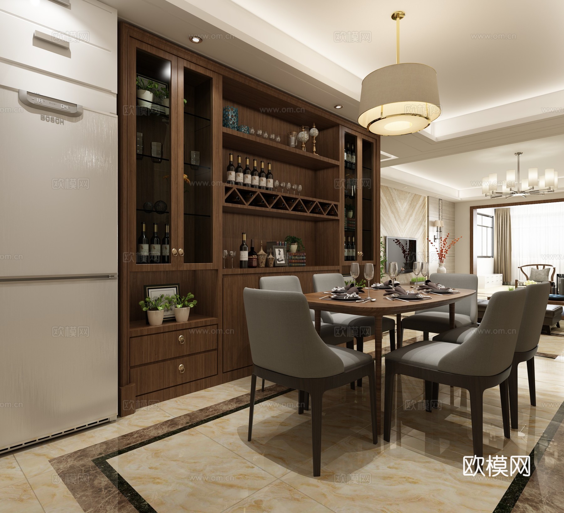 新中式客餐厅 沙发 茶几 吊灯 挂画 餐桌椅3d模型