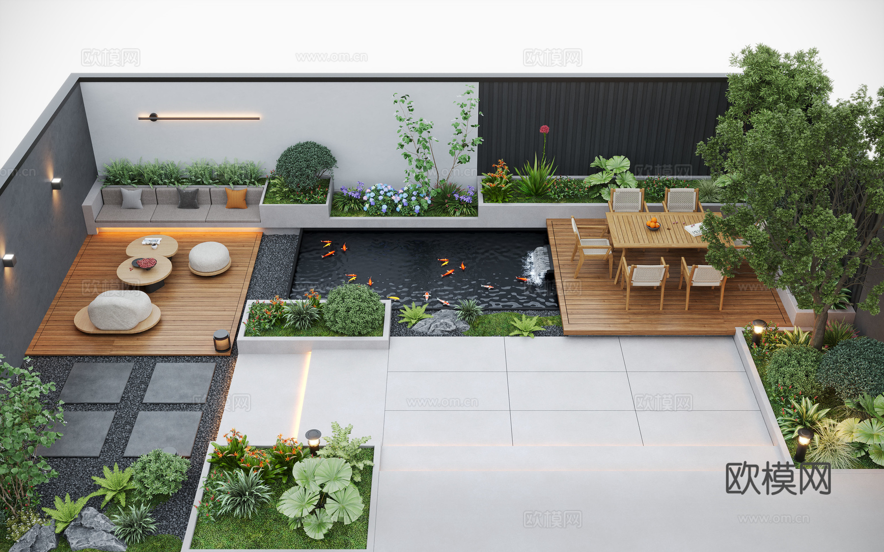 现代庭院景观 庭院花园 庭院水景 户外休闲椅 户外餐桌3d模型