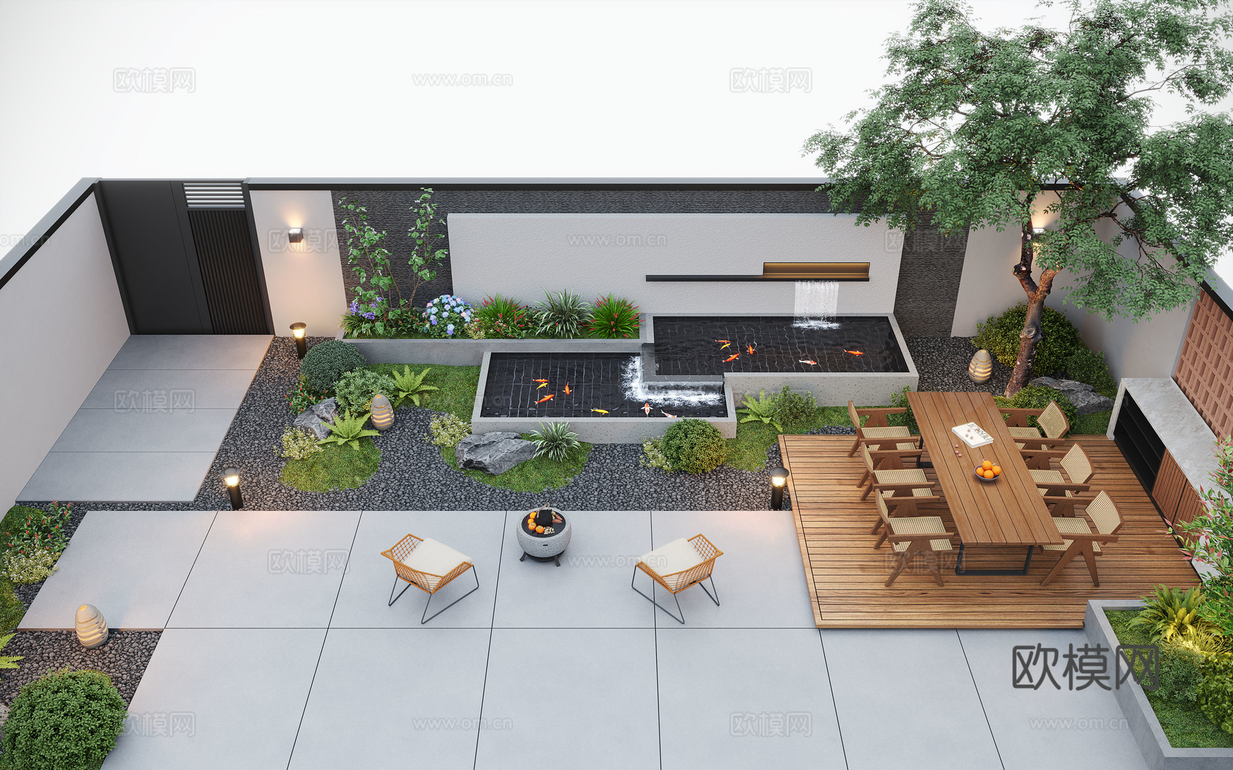 现代庭院景观 庭院花园 庭院水景 户外休闲椅 户外餐桌3d模型