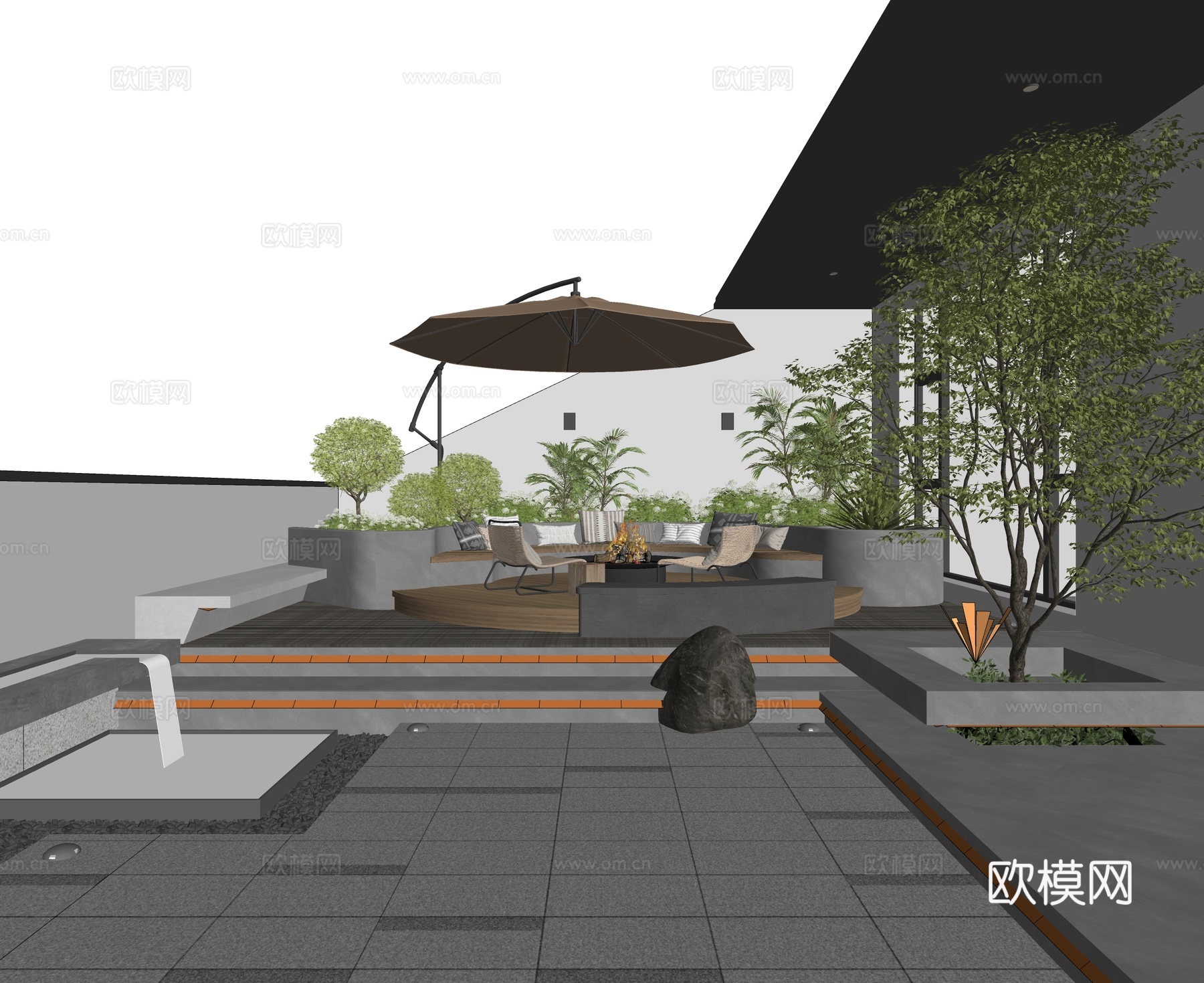 现代屋顶花园 户外沙发 花台 景观树su模型