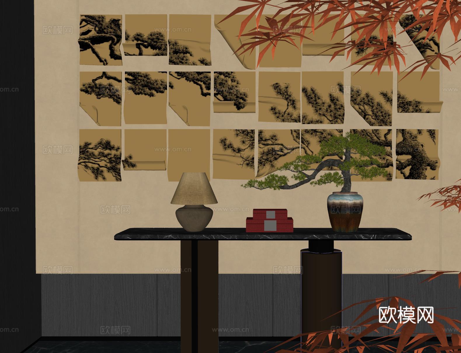 新中式墙饰 金属墙饰 端景台 立体墙饰 创意墙饰 艺术墙饰su模型