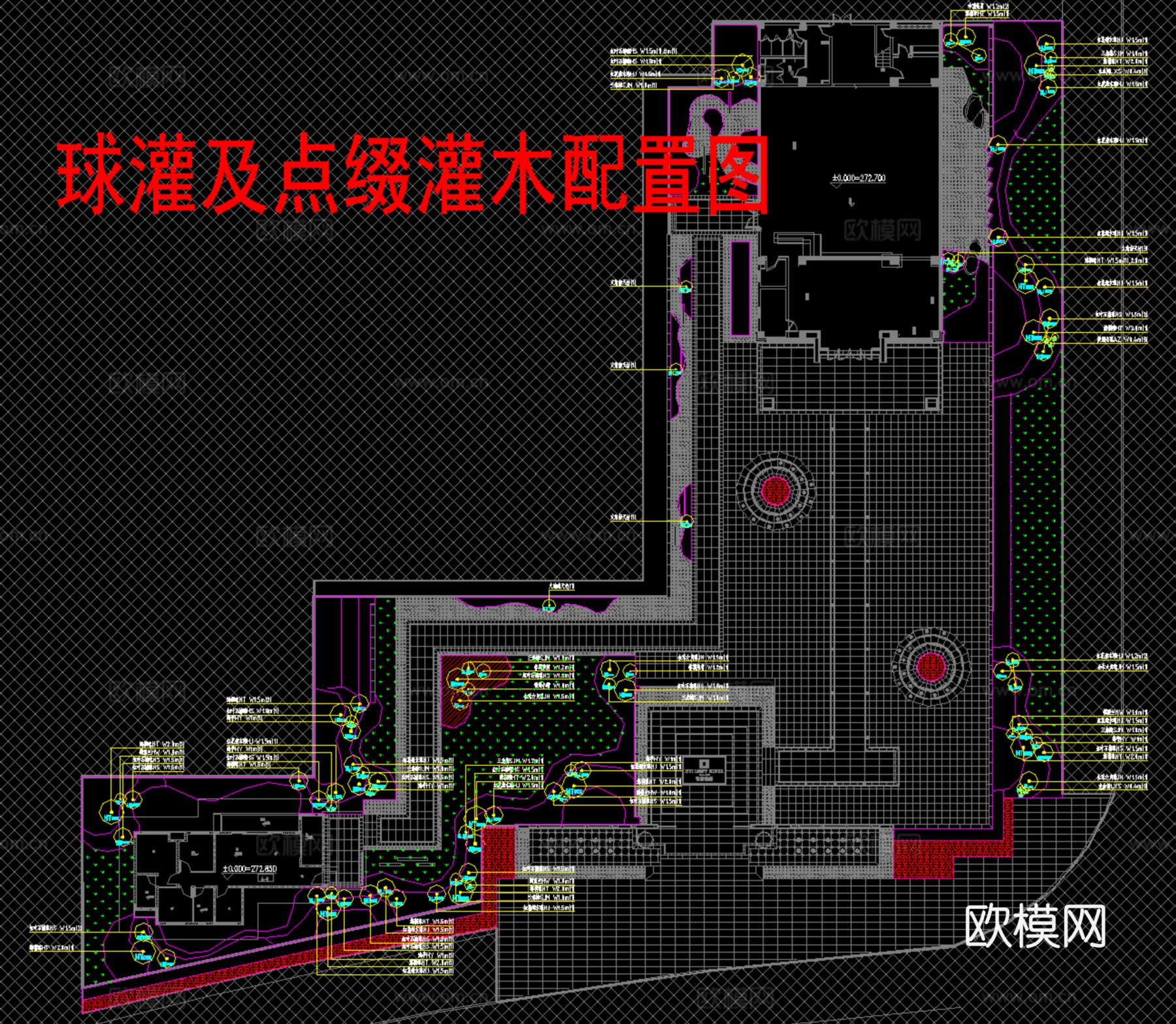 新中式示范区植物配置，景观方案平面图cad施工图