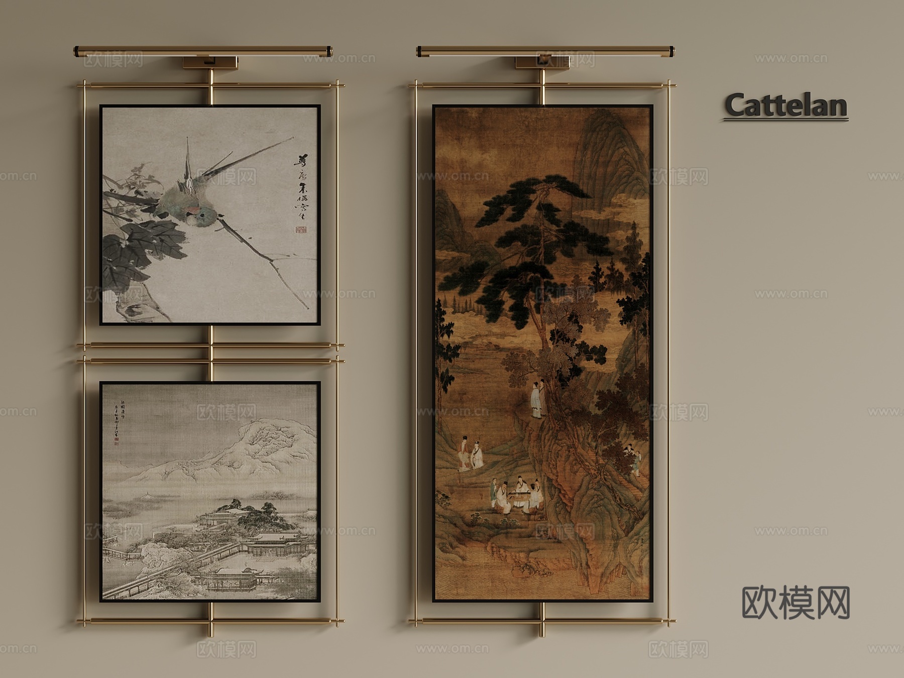 中古新中式挂画 油画 装饰画 画框 书房挂画 茶室挂画3d模型