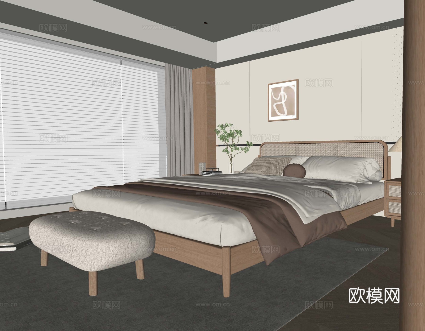 现代卧室 床尾凳 床头柜su模型