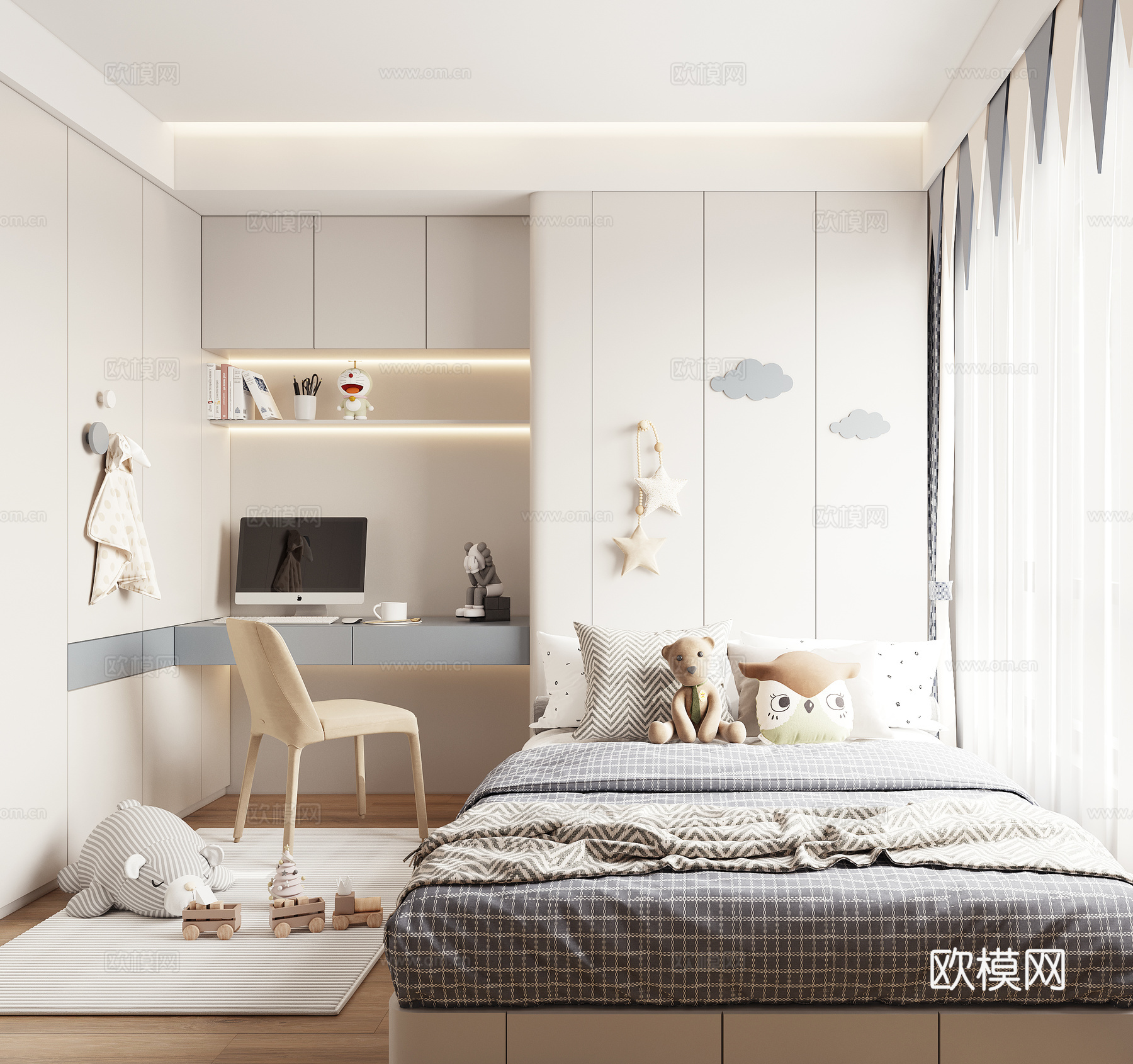 现代奶油风儿童卧室 多功能房 小孩房书房榻榻米卧室 书桌男孩su模型