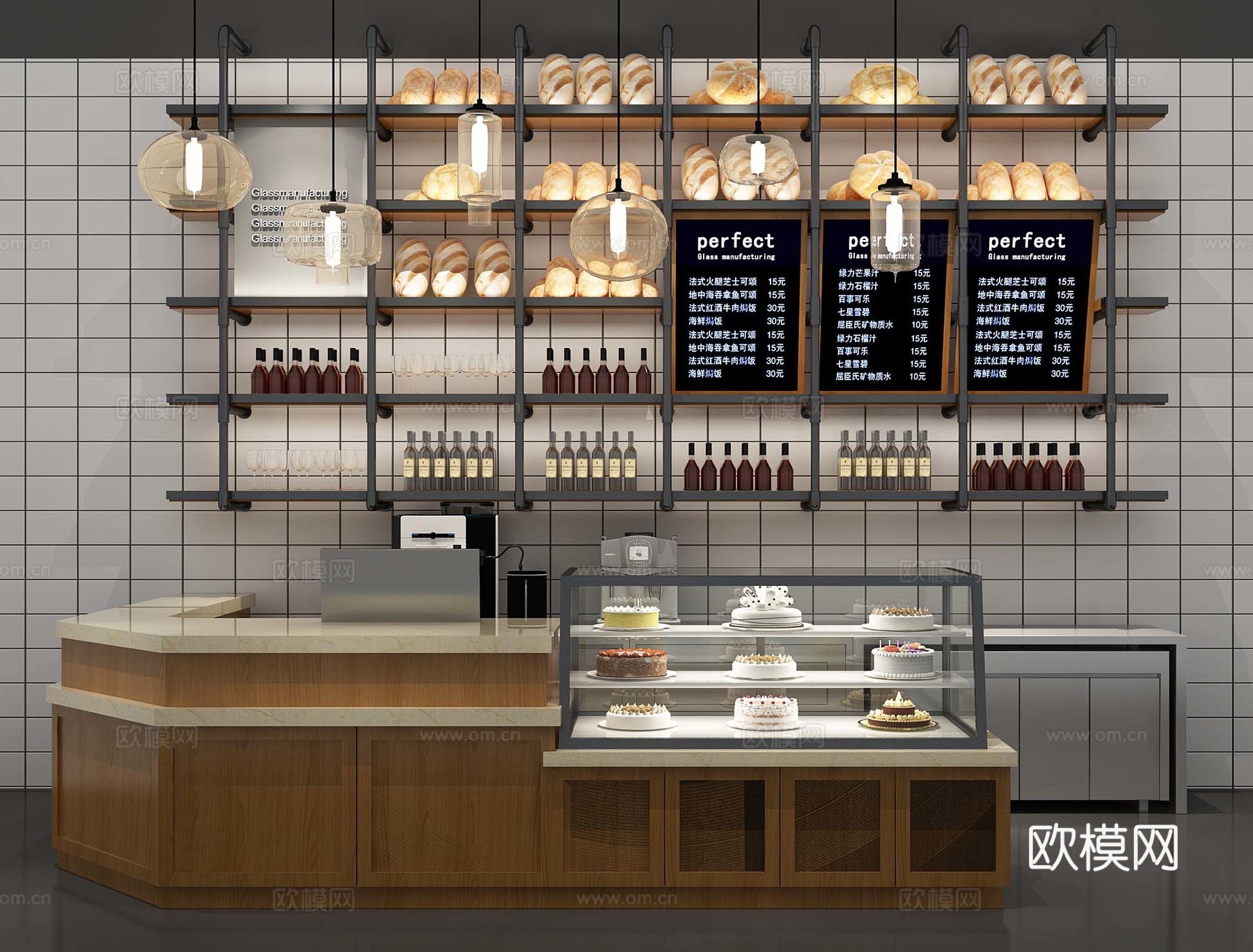 现代面包糕点甜品店 吧台背景3d模型