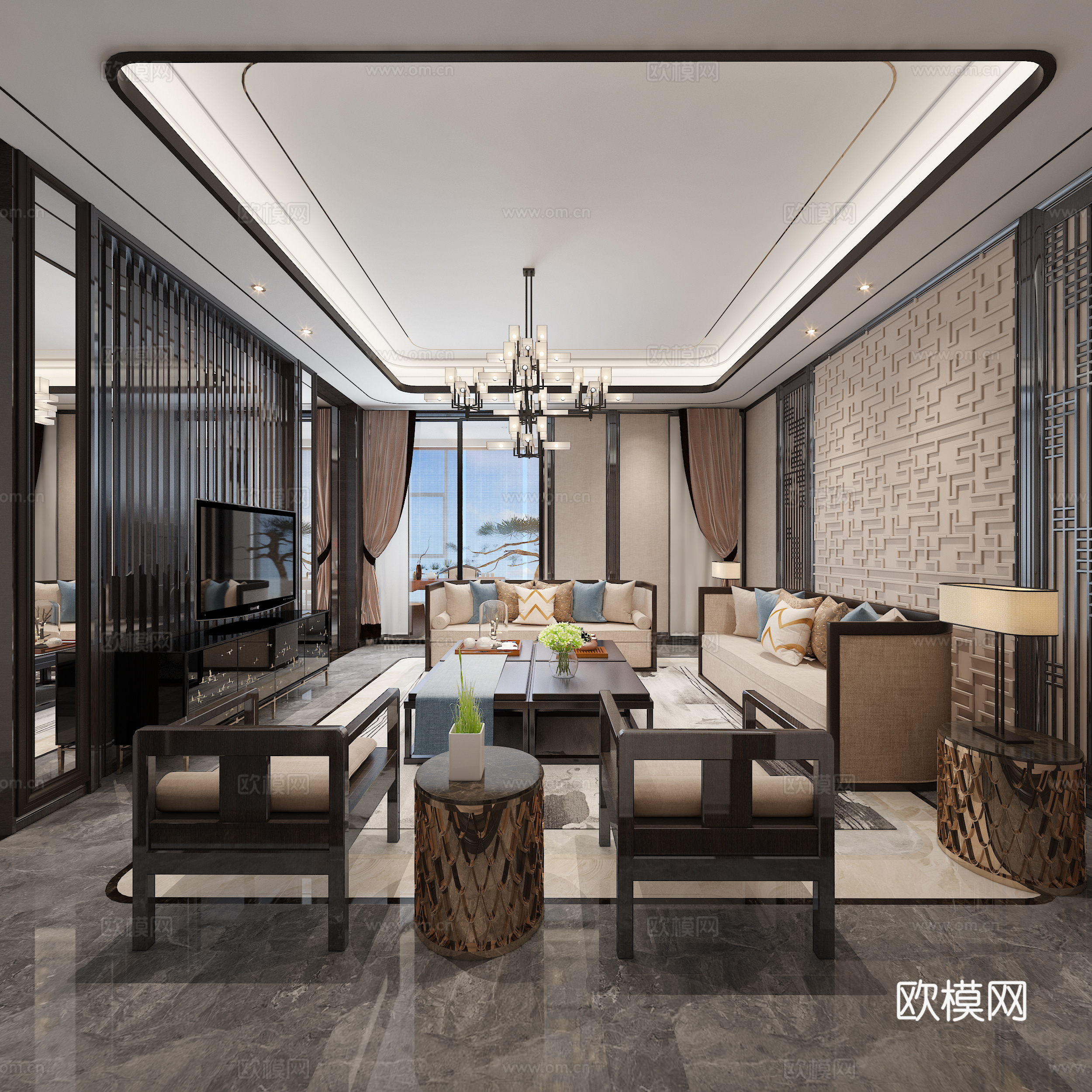 中式客餐厅 沙发茶几 吊灯 餐桌椅3d模型