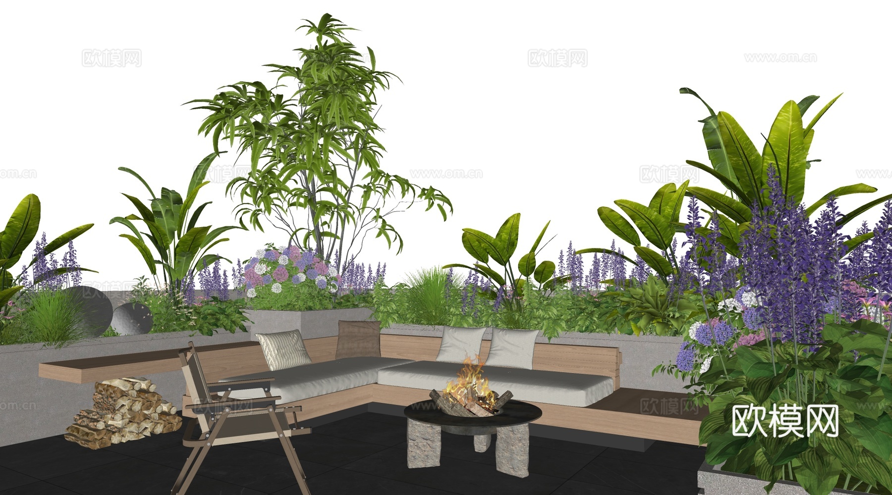 现代户外卡座 户外休息区 庭院花园 屋顶花园 植物花卉su模型
