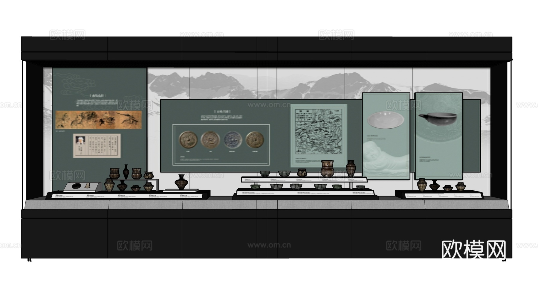 博物馆展厅校史馆展柜su模型