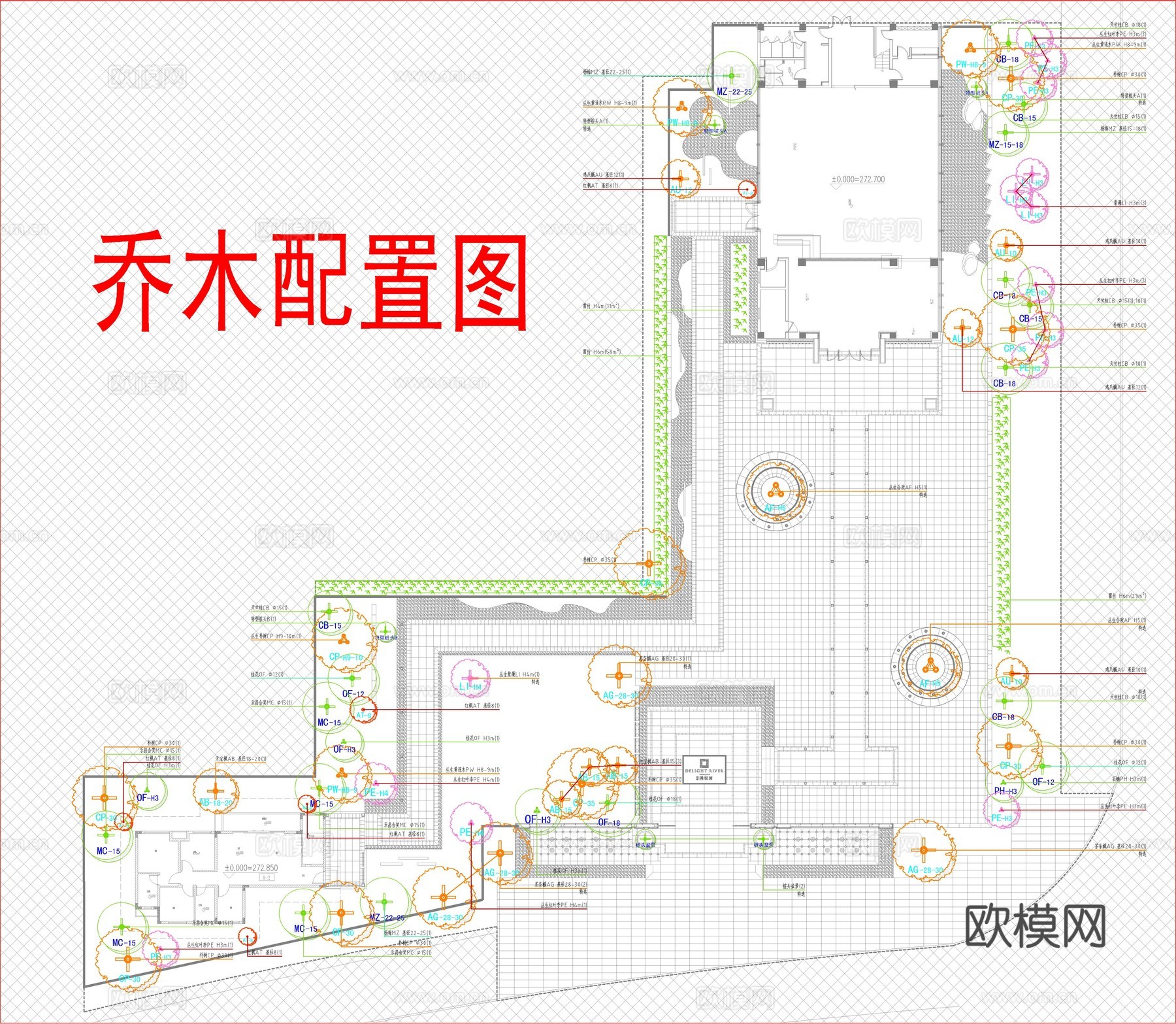 新中式示范区植物配置，景观方案平面图cad施工图