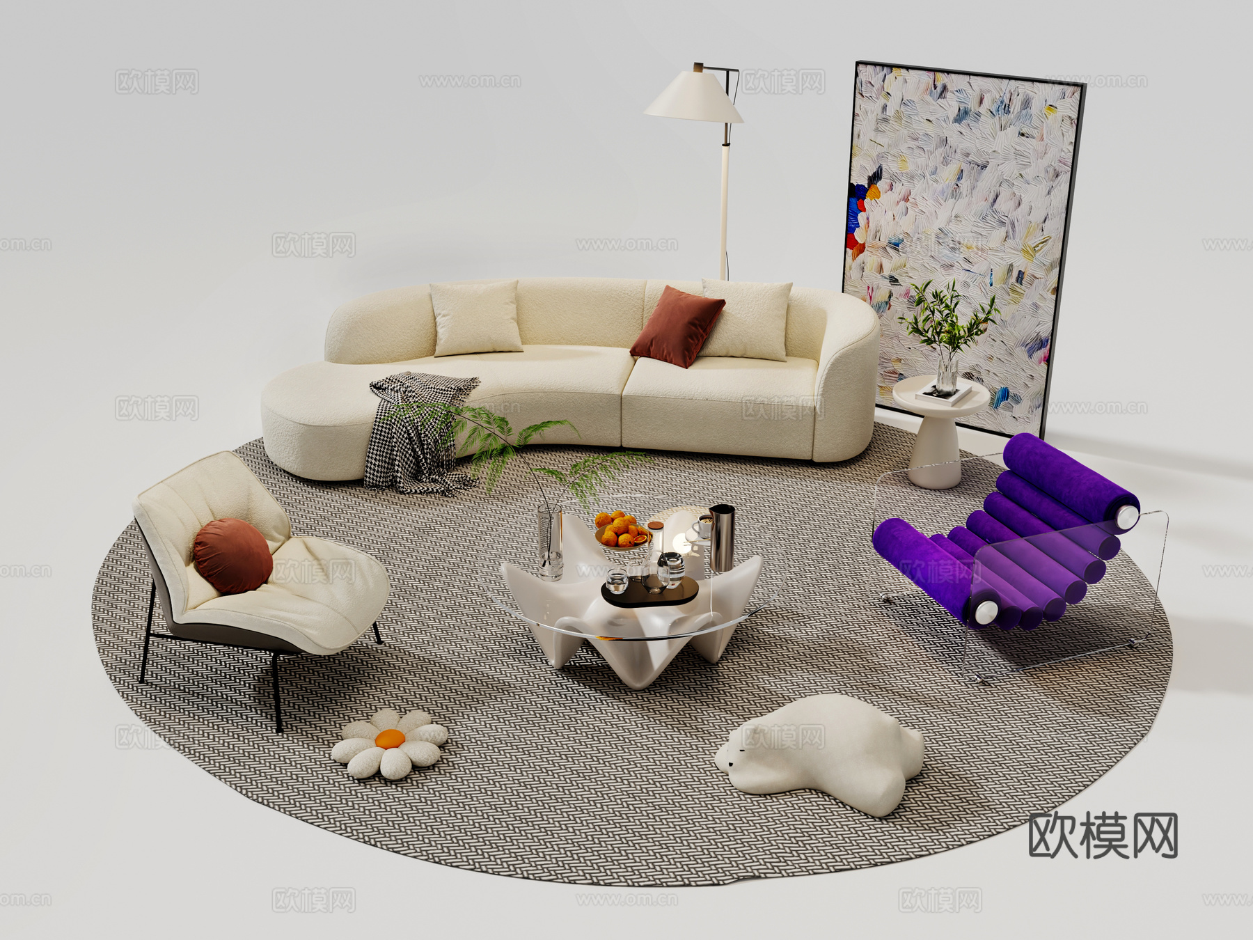 现代奶油沙发组合 沙发茶几组合 弧形沙发 网红休闲沙发3d模型