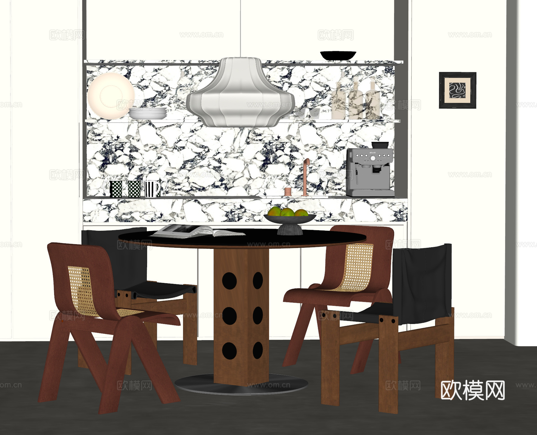 现代 中古风 餐厅 餐桌椅 餐边柜 餐具厨具 咖啡机 吊灯su模型