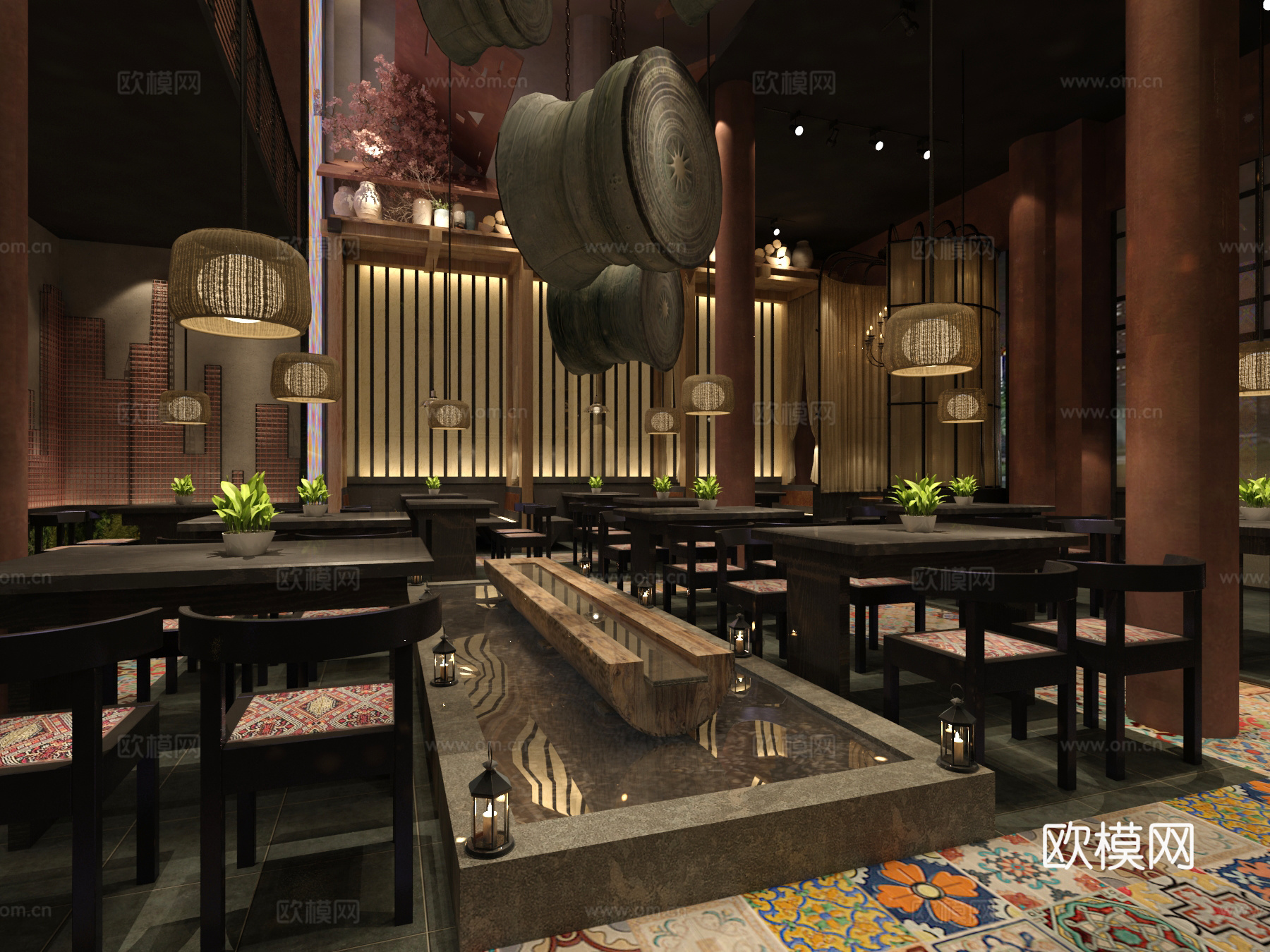 时尚民族风餐厅 铜鼓餐厅 餐桌椅 水景 壮锦 吊灯 绿植3d模型