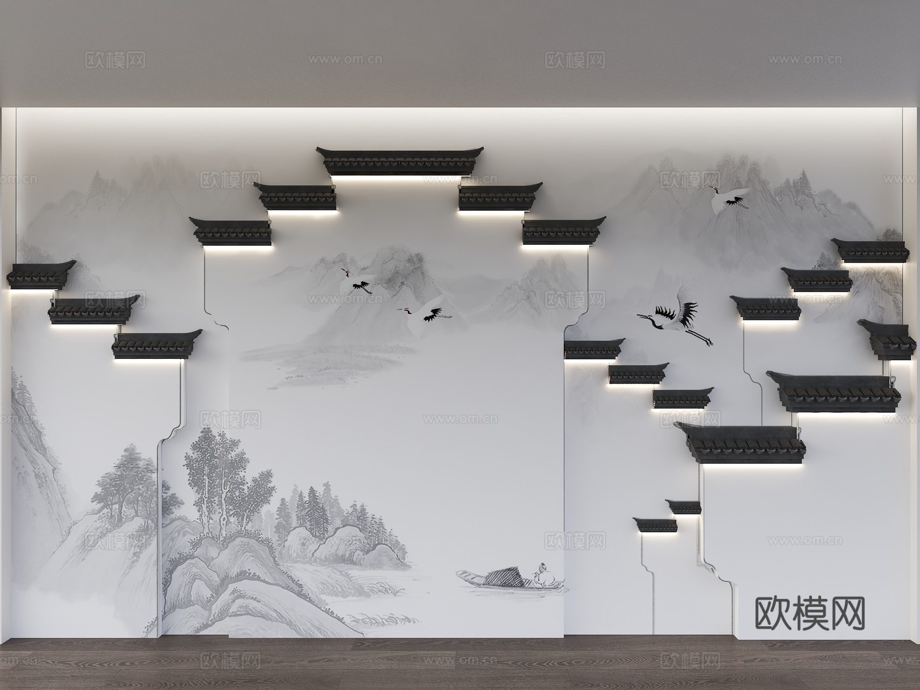 中式背景墙 马头墙背景墙 徽派建筑背景墙 建筑轮廓背景墙 水3d模型