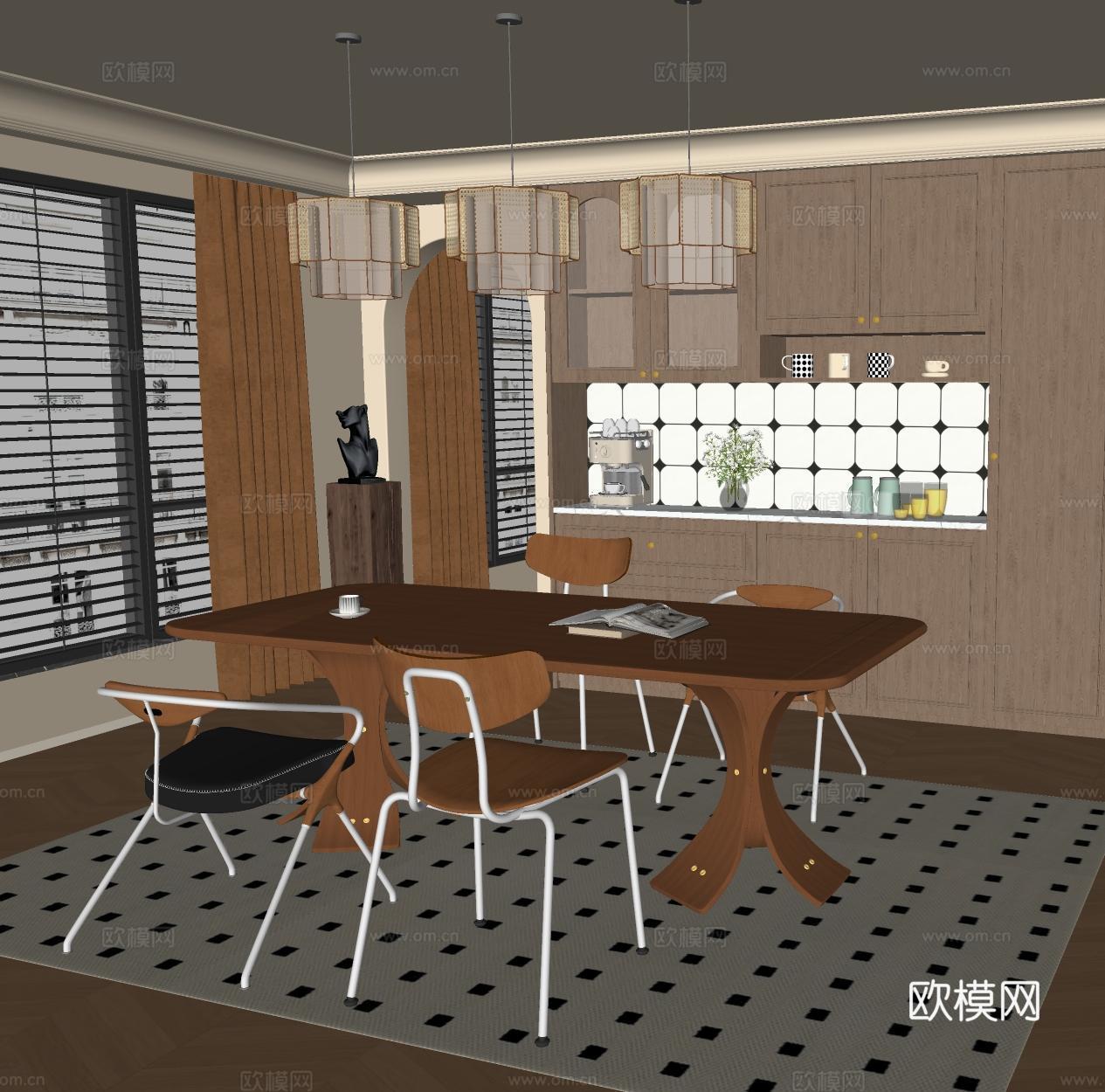 餐桌椅单椅 法式中古家居餐厅法式中古别墅餐厅中古复古藤编吊灯su模型