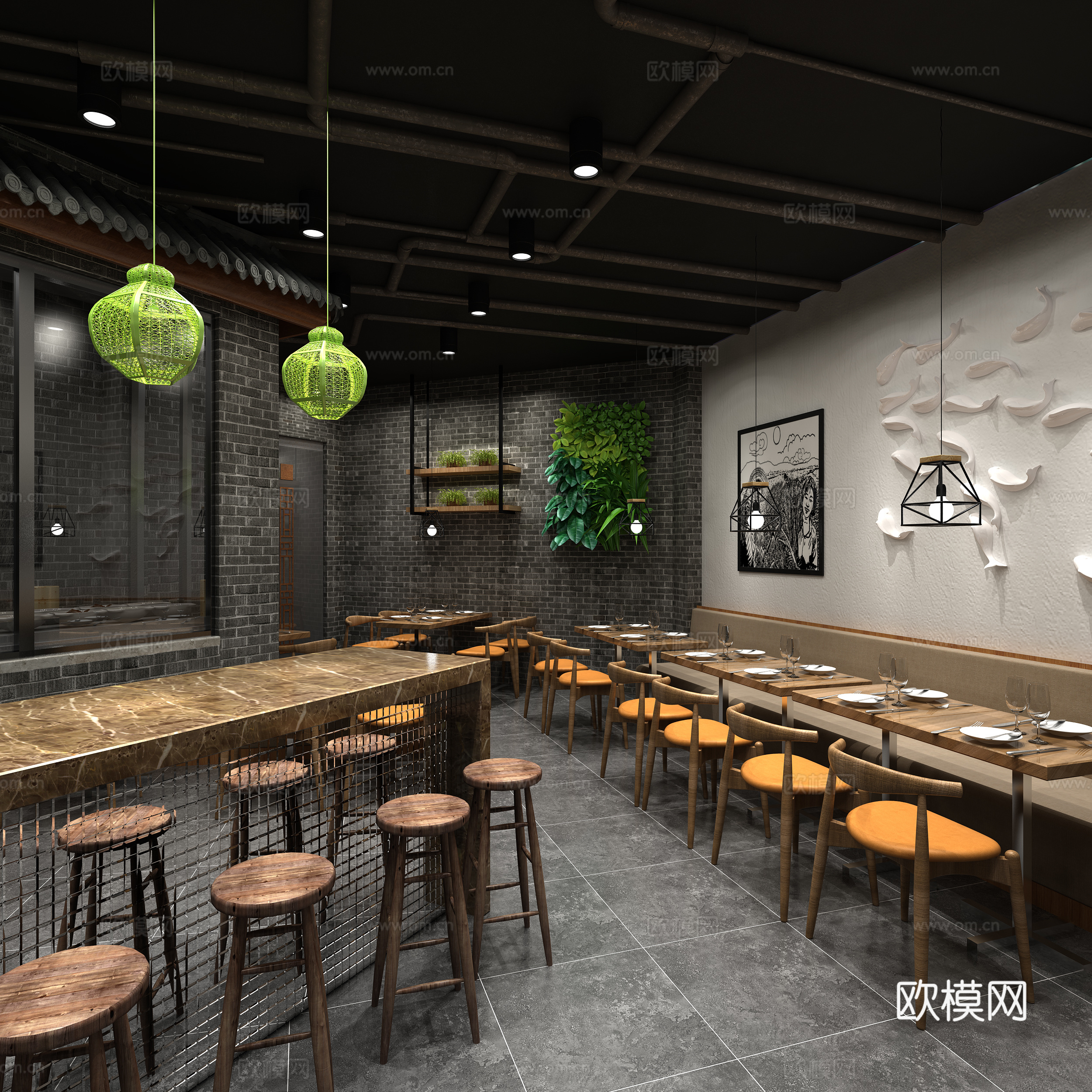 中式风格风情面馆 挂灯 挂画3d模型