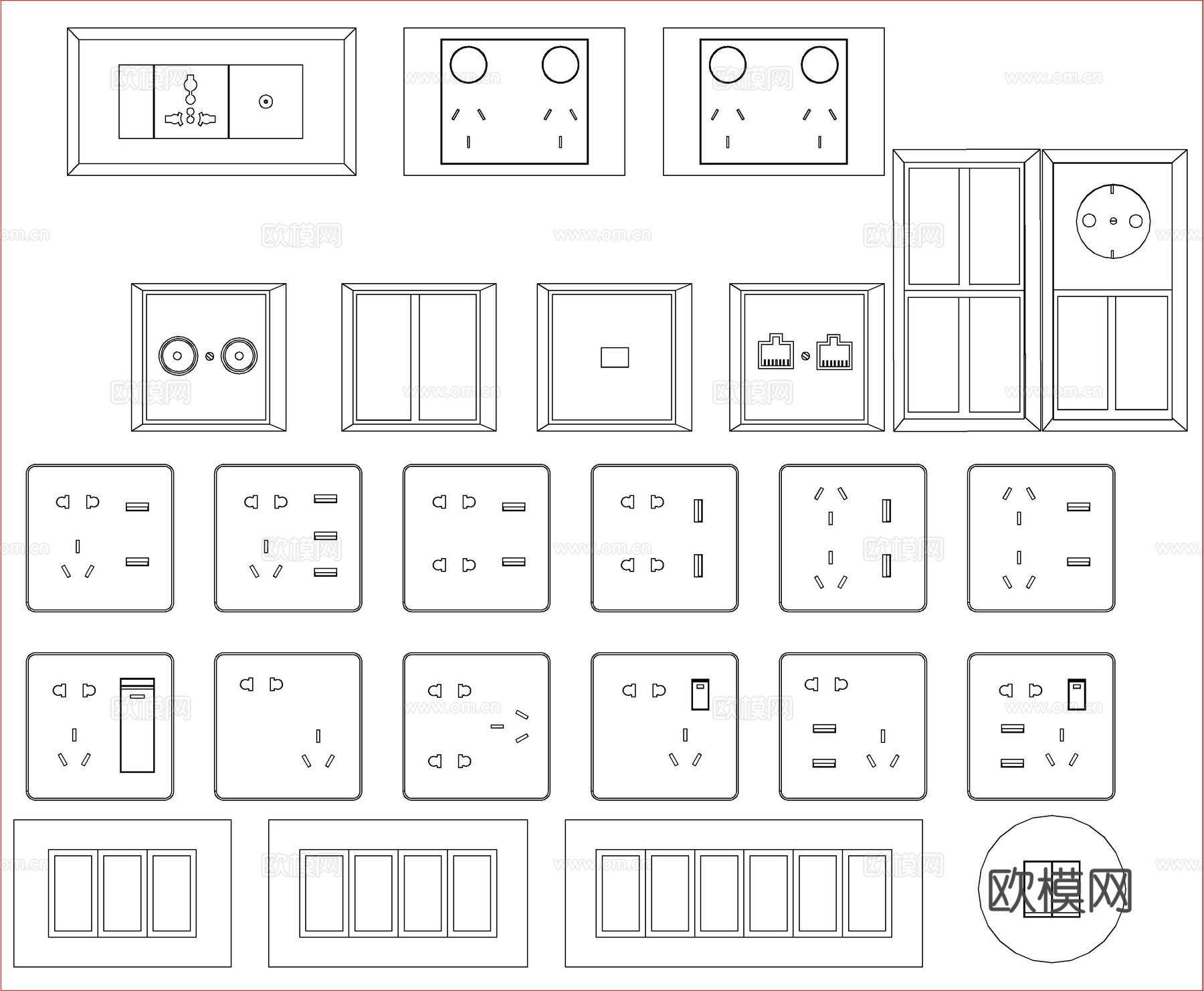 开关插座面板  智能开关 轨道插座  弹出式电源插座cad施工图