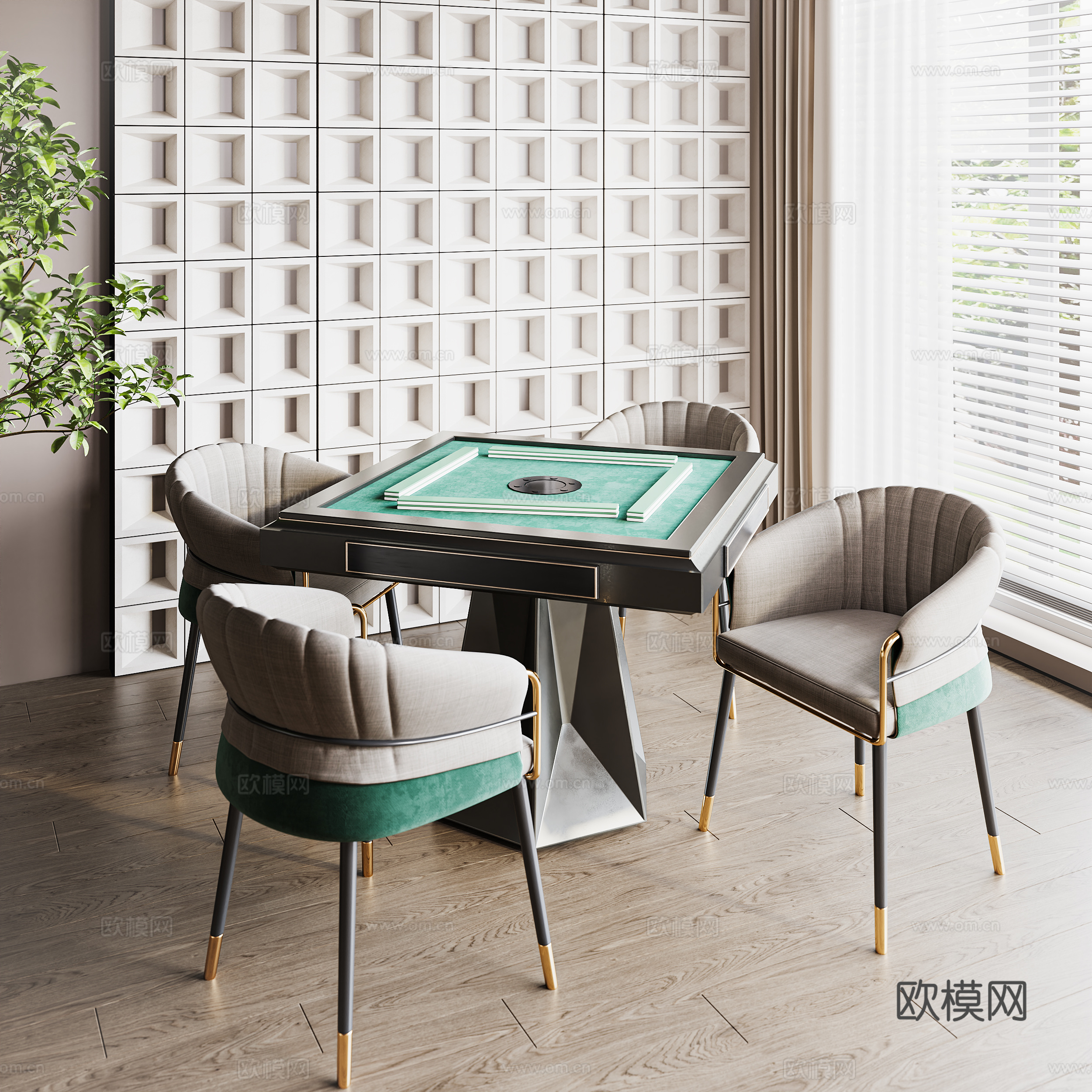 现代麻将桌  方形麻将桌 单椅3d模型