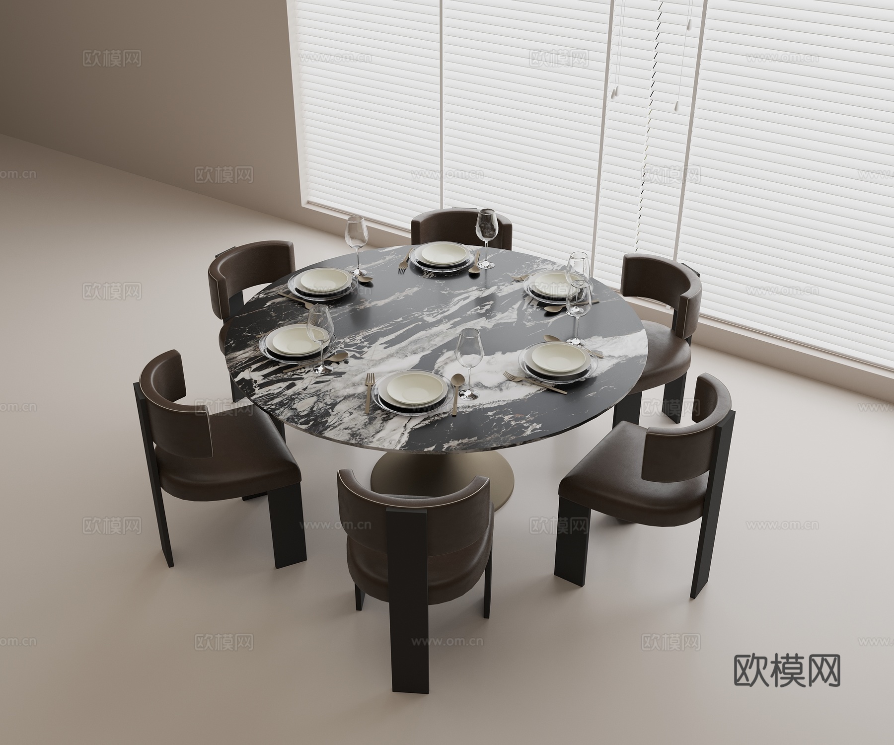 大理石餐桌 现代圆形餐桌 皮质餐椅 餐具组合 玻璃酒杯su模型