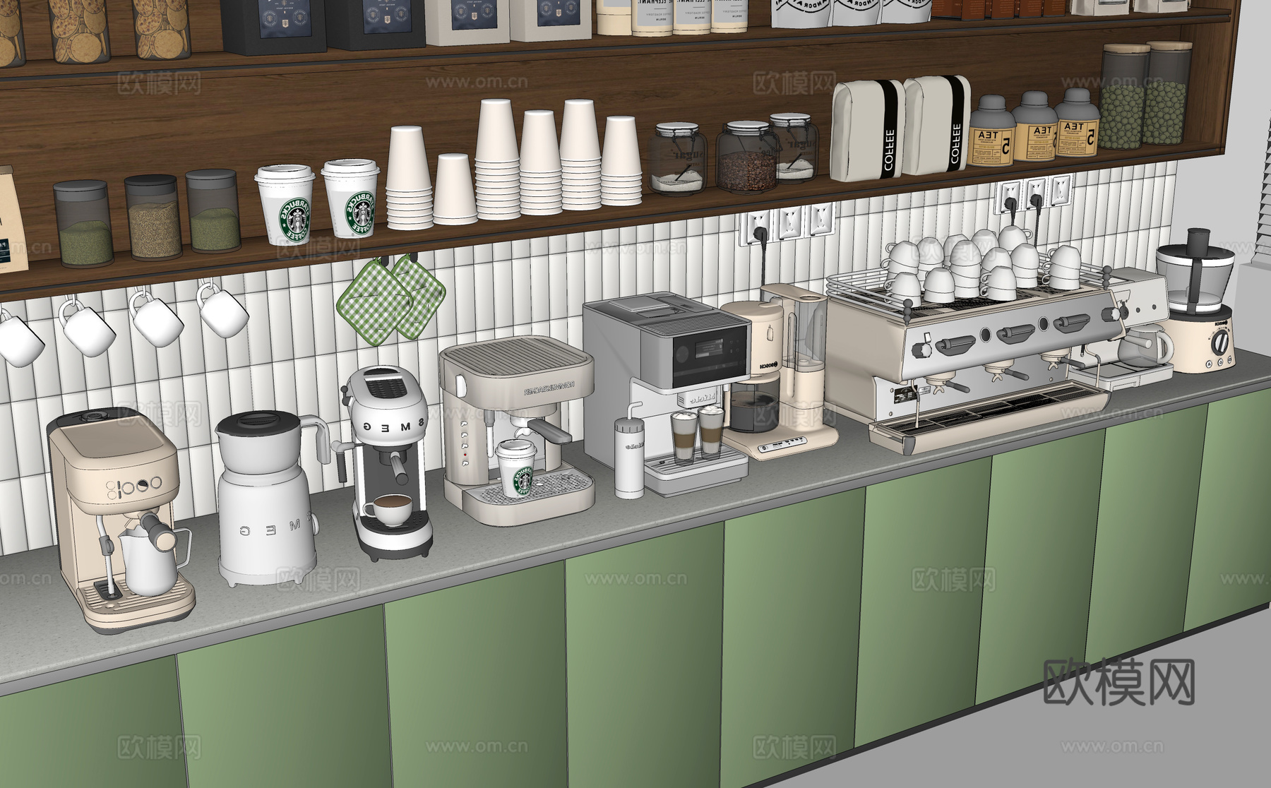 咖啡机 磨豆机 咖啡豆 咖啡杯 咖啡店吧台操作台su模型