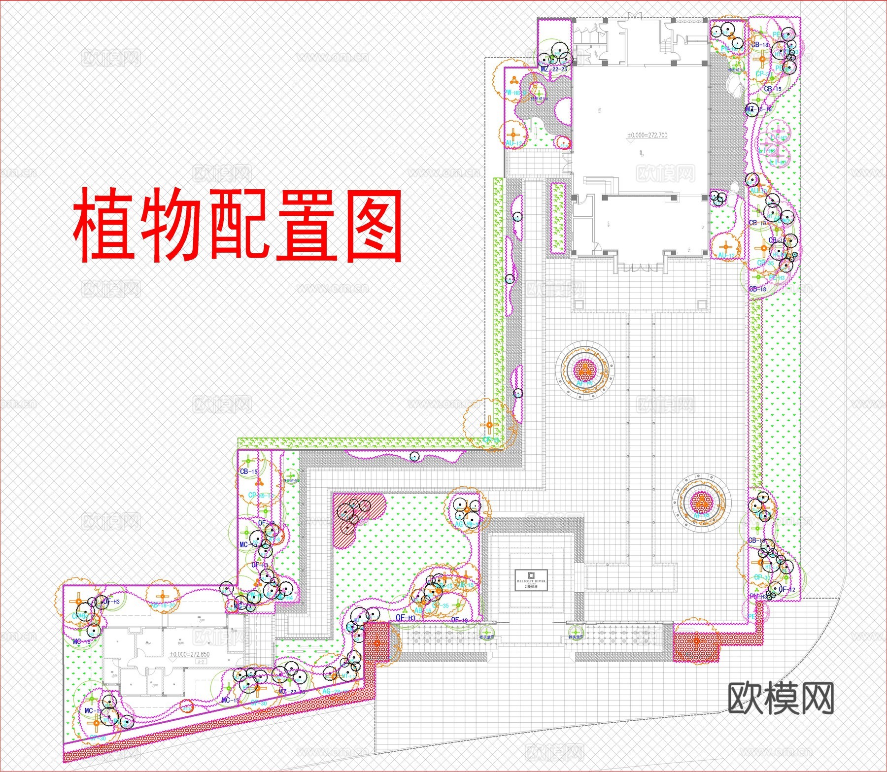 新中式示范区植物配置，景观方案平面图cad施工图