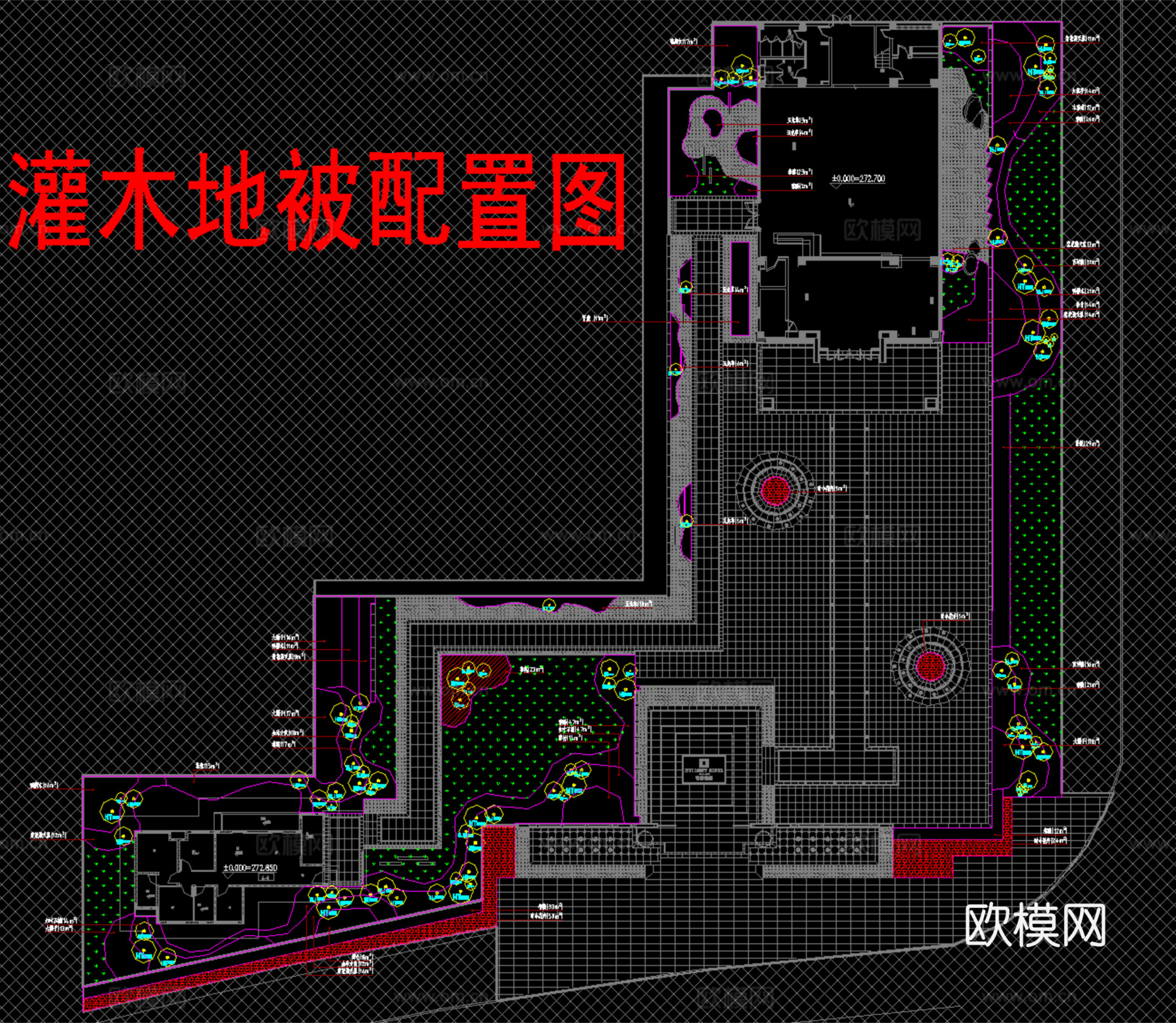 新中式示范区植物配置，景观方案平面图cad施工图