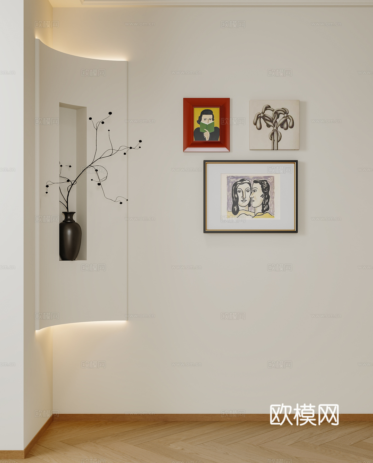 现代中古组合画 挂画 装饰画 弧形背景墙 盆栽摆件 植物摆件3d模型