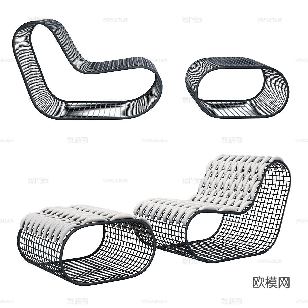 现代意式极简不锈钢藤编躺椅3d模型