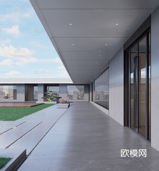 庭院 连廊 走道 建筑外观 景观su模型下载(渲染图1)