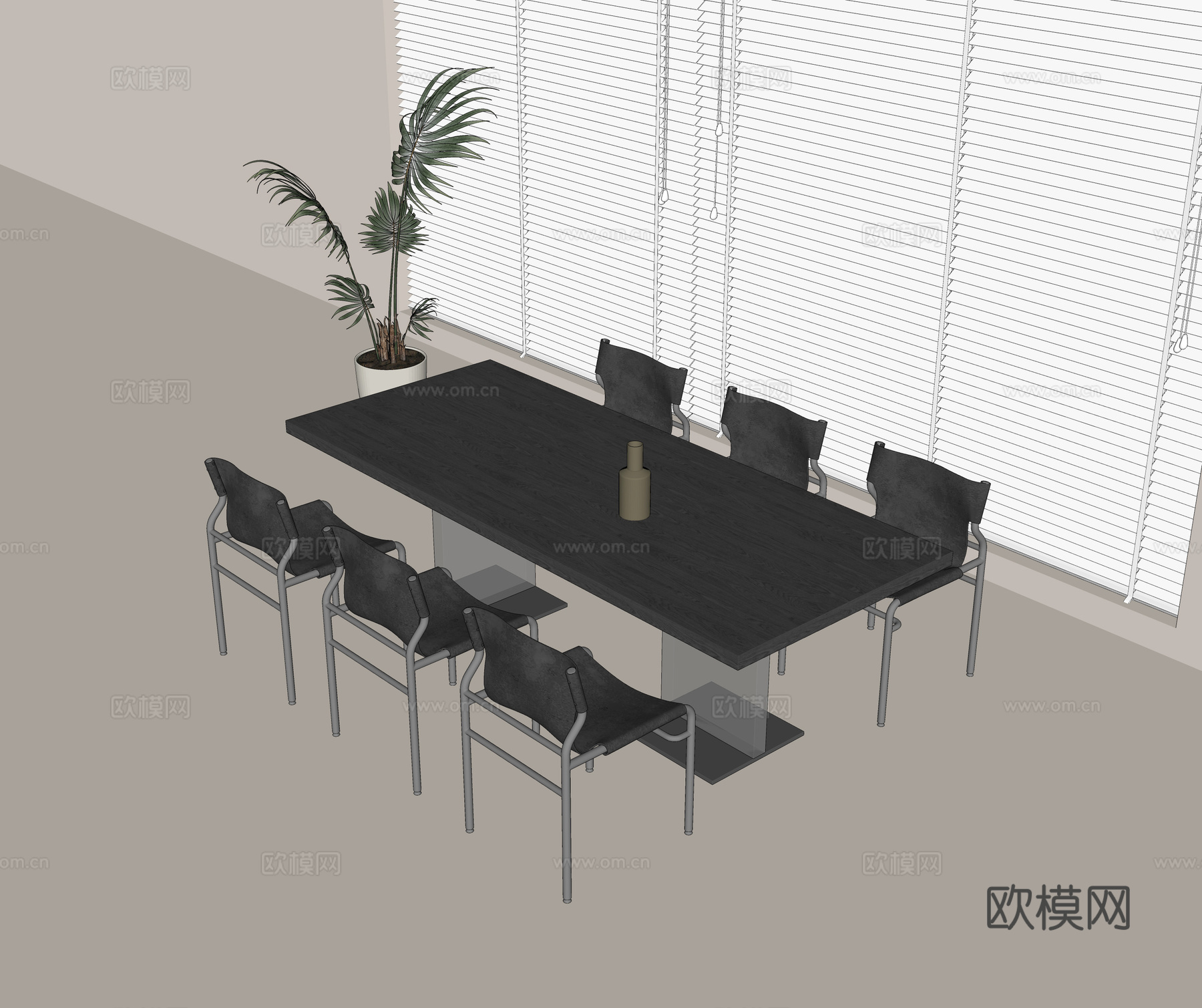 实木餐桌 金属餐椅 亚克力桌脚 花盆绿植su模型
