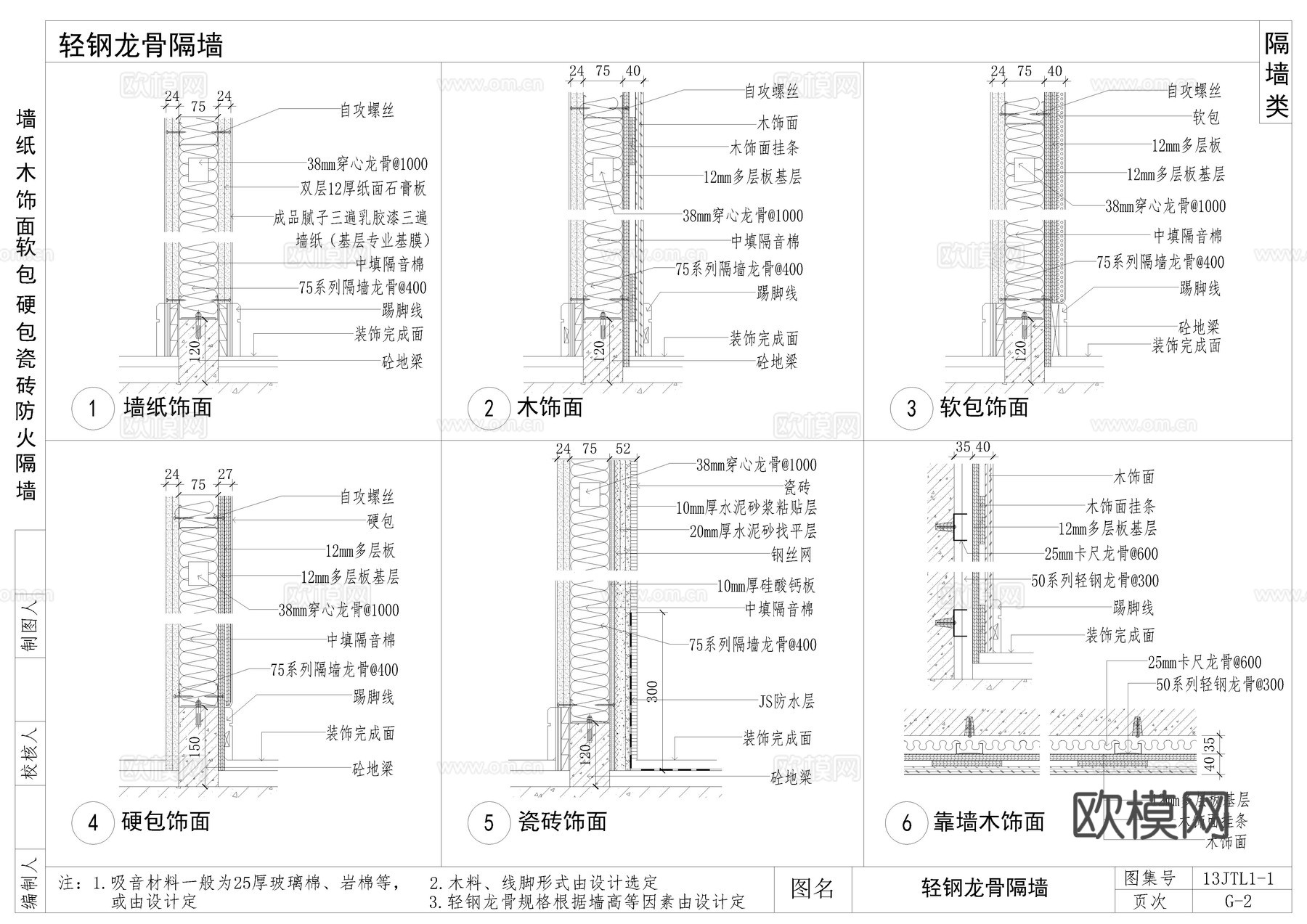 轻钢龙骨钢架砌块隔墙cad施工图