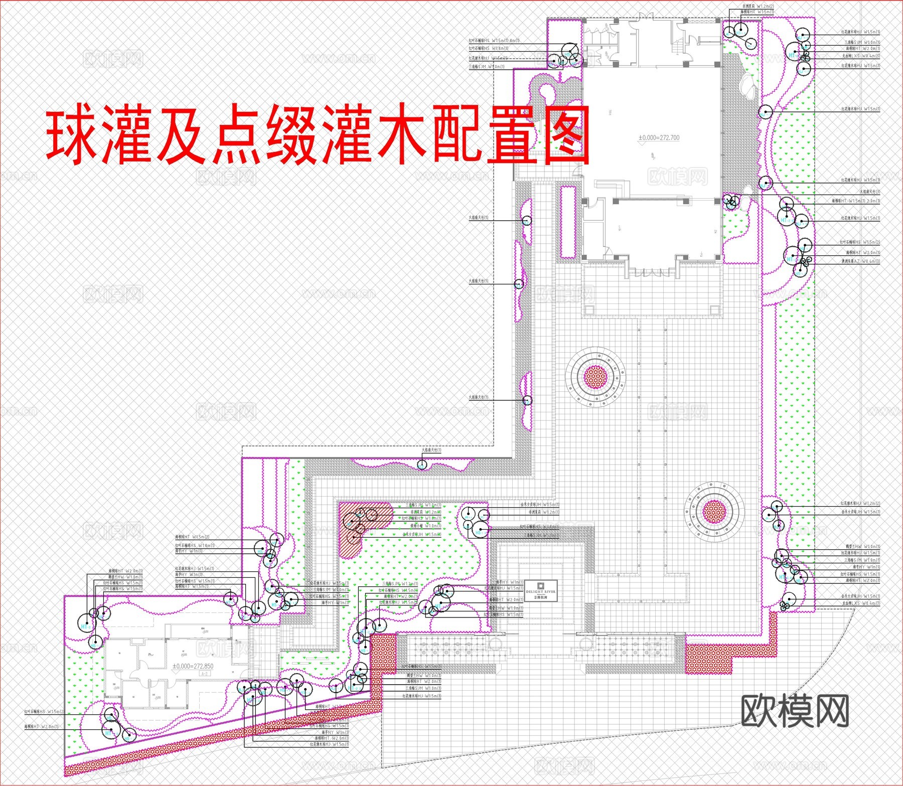 新中式示范区植物配置，景观方案平面图cad施工图