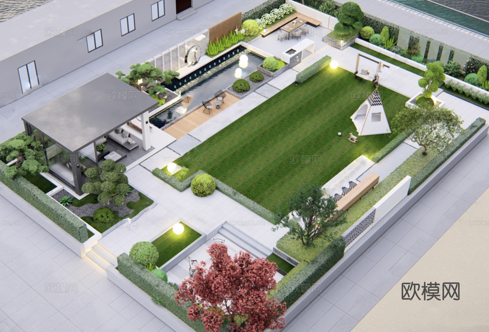 现代屋顶花园 空中花园 庭院花园su模型