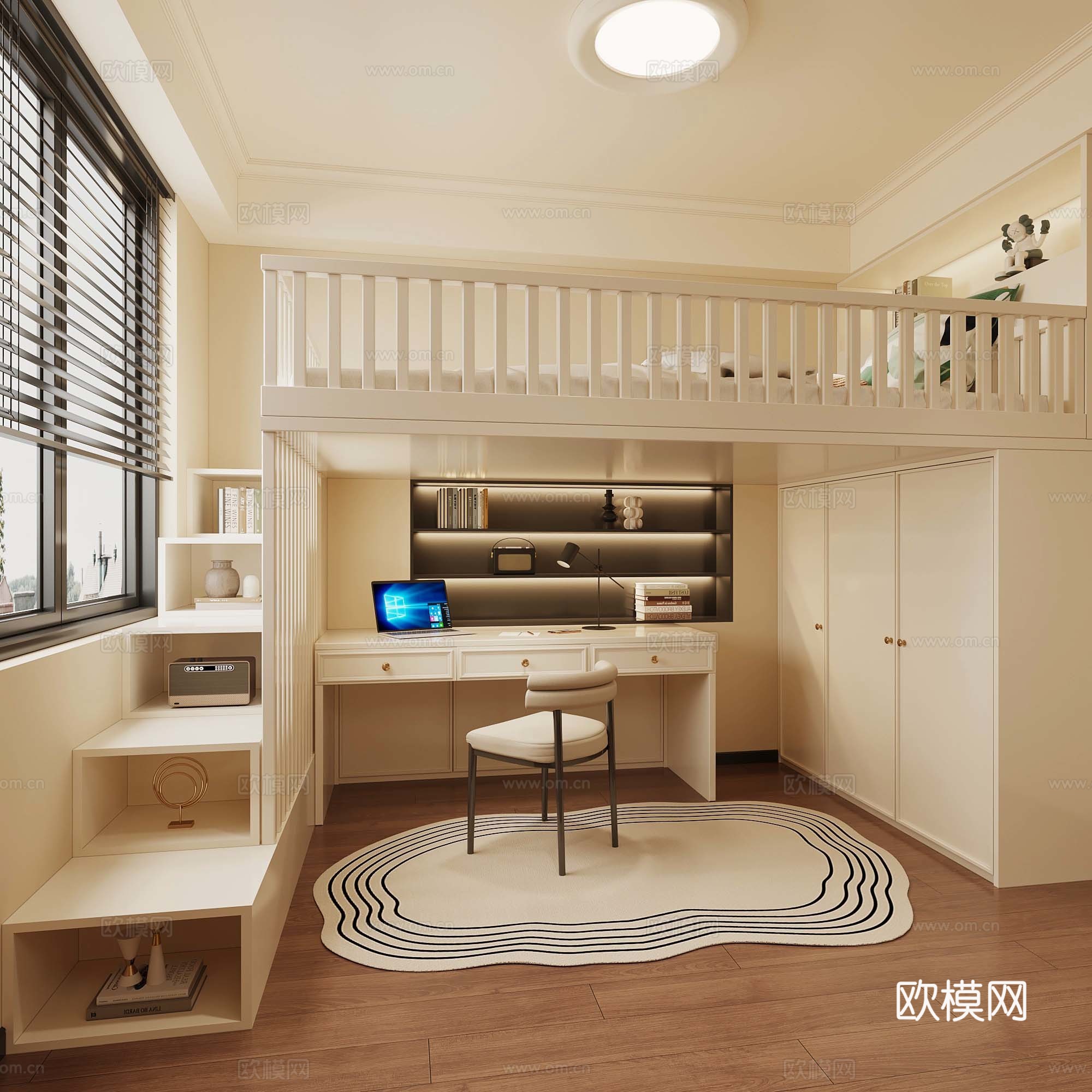 现代奶油风卧室 上床下桌3d模型