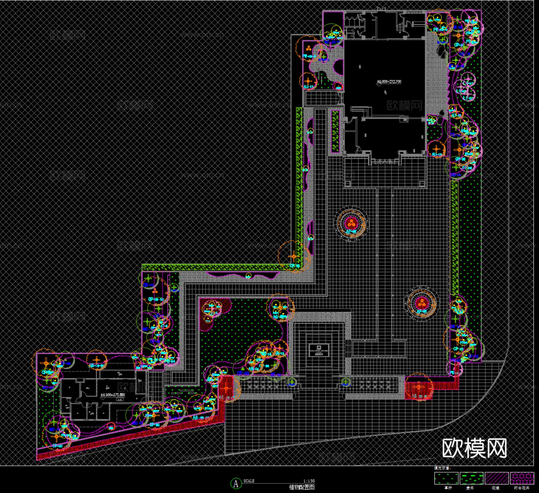 新中式示范区植物配置，景观方案平面图cad施工图