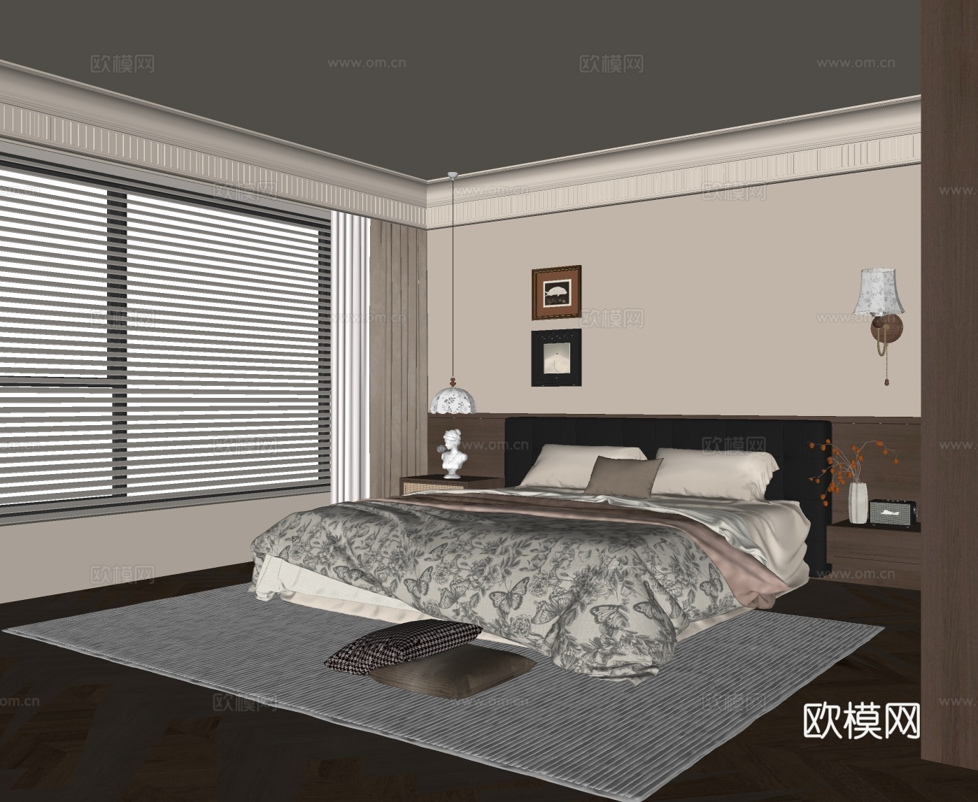 法式中古风卧室 法式双人床 法式吊灯 法式壁灯 挂画su模型