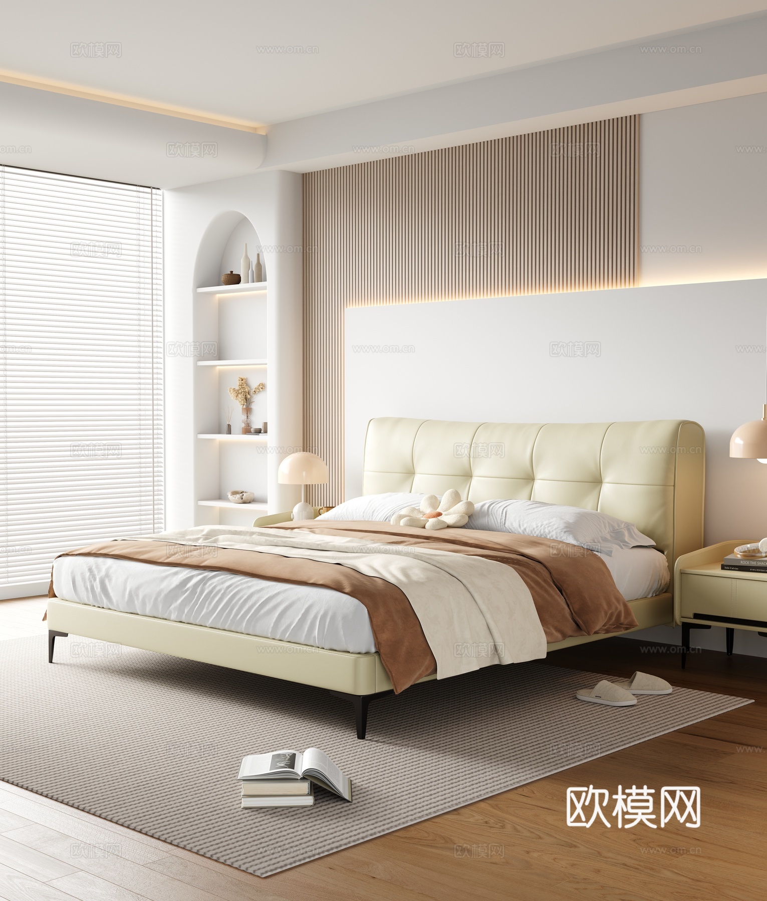 现代奶油双人床3d模型