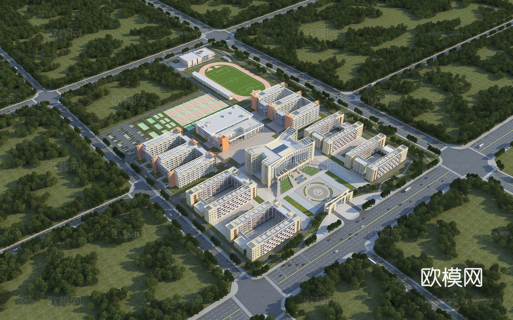 学校，建筑，多层，文教，现代，篮球场，足球场，大学，专科院校3d模型