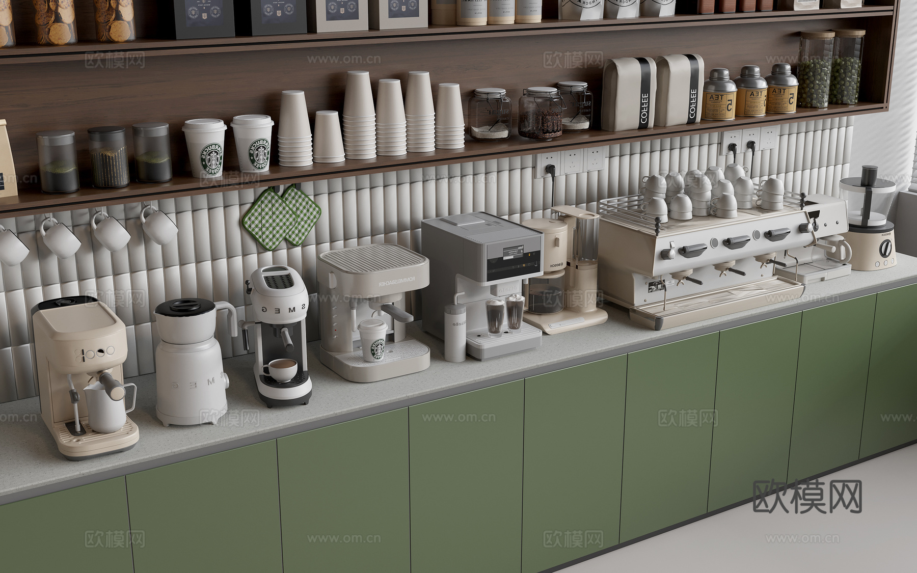 咖啡机 磨豆机 咖啡豆 咖啡杯 咖啡店吧台操作台3d模型